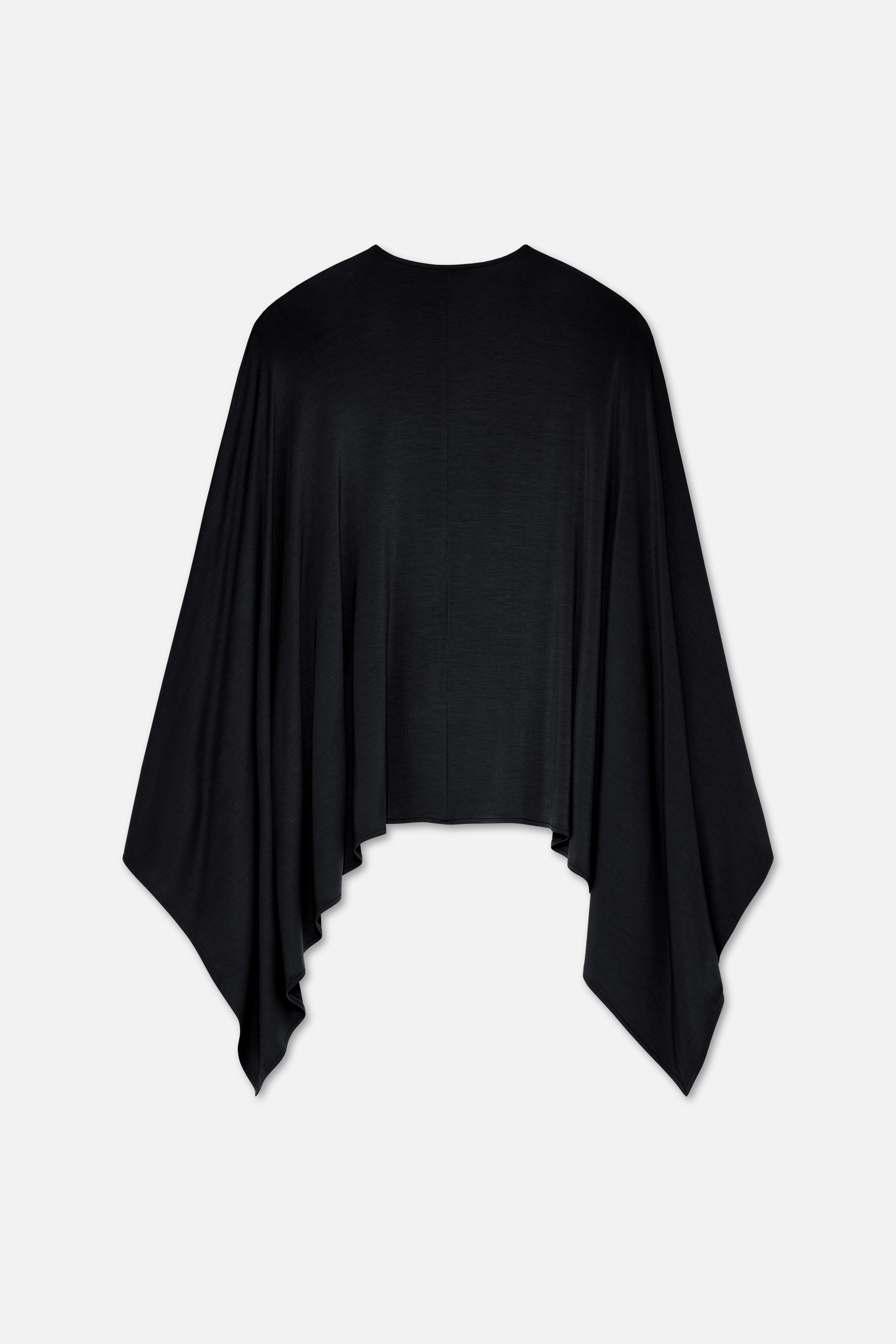 Flat lay black MERRACHI cape, back view
