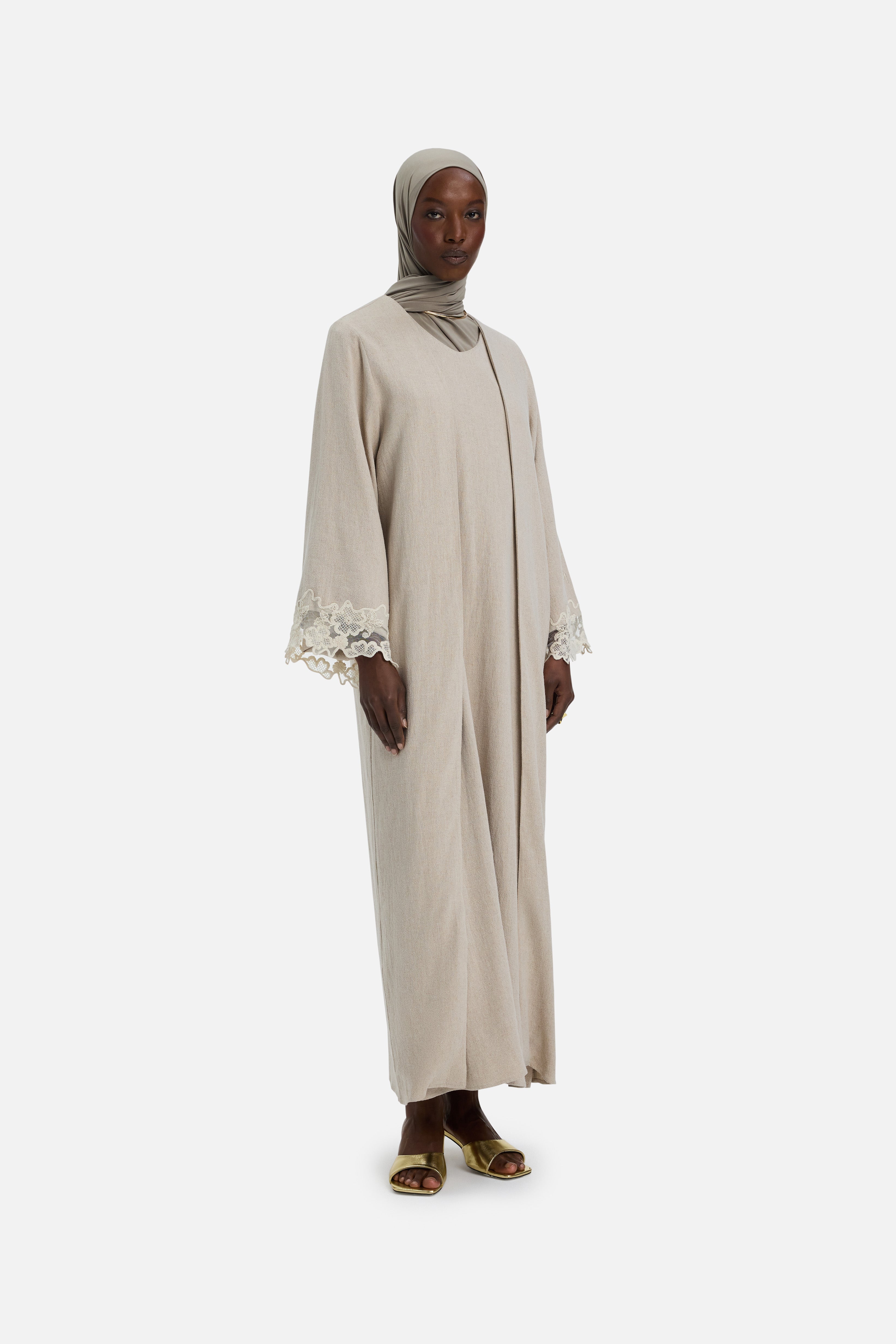 Lace Trim Abaya | Grey Sand