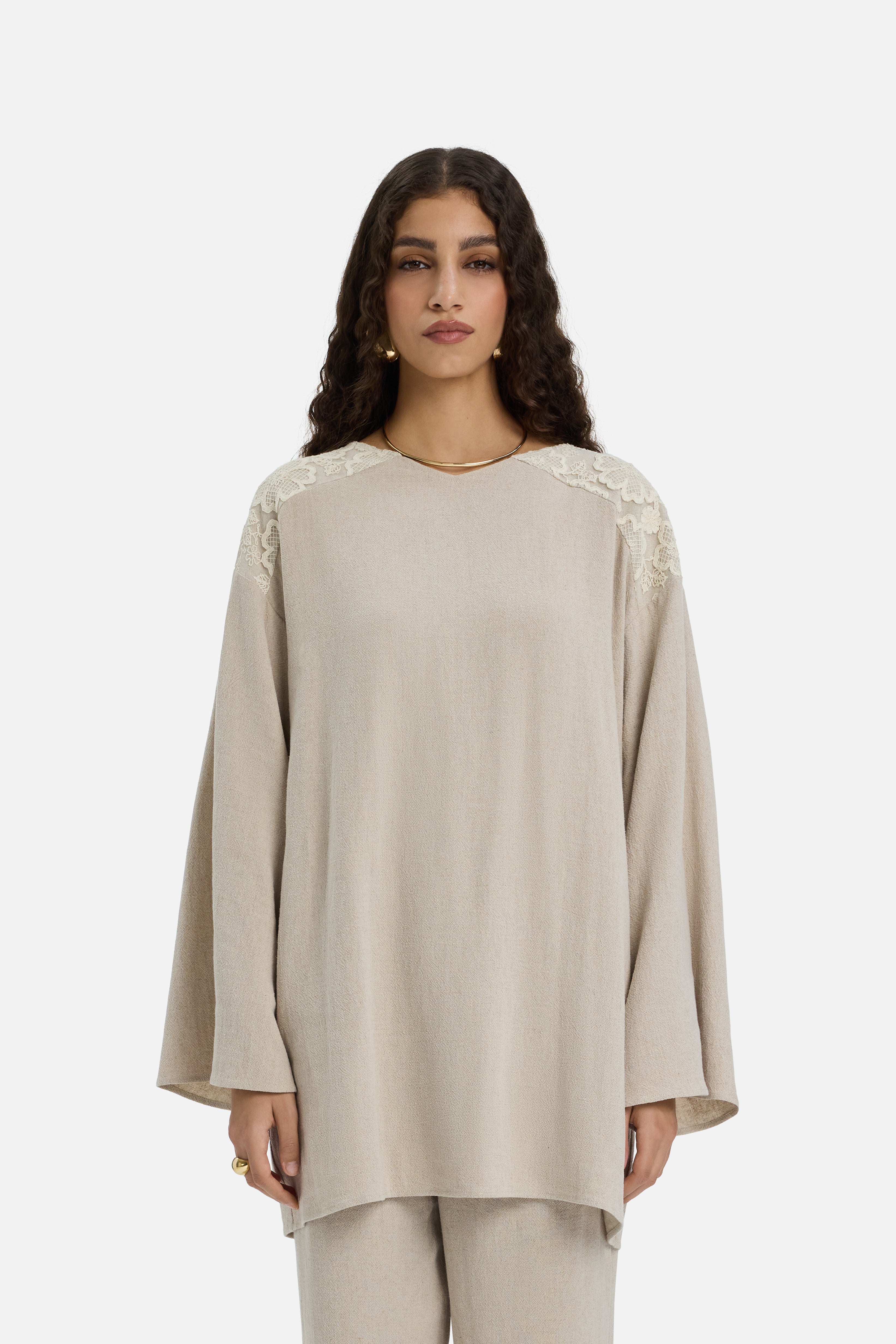 Lace Trim Top | Grey Sand