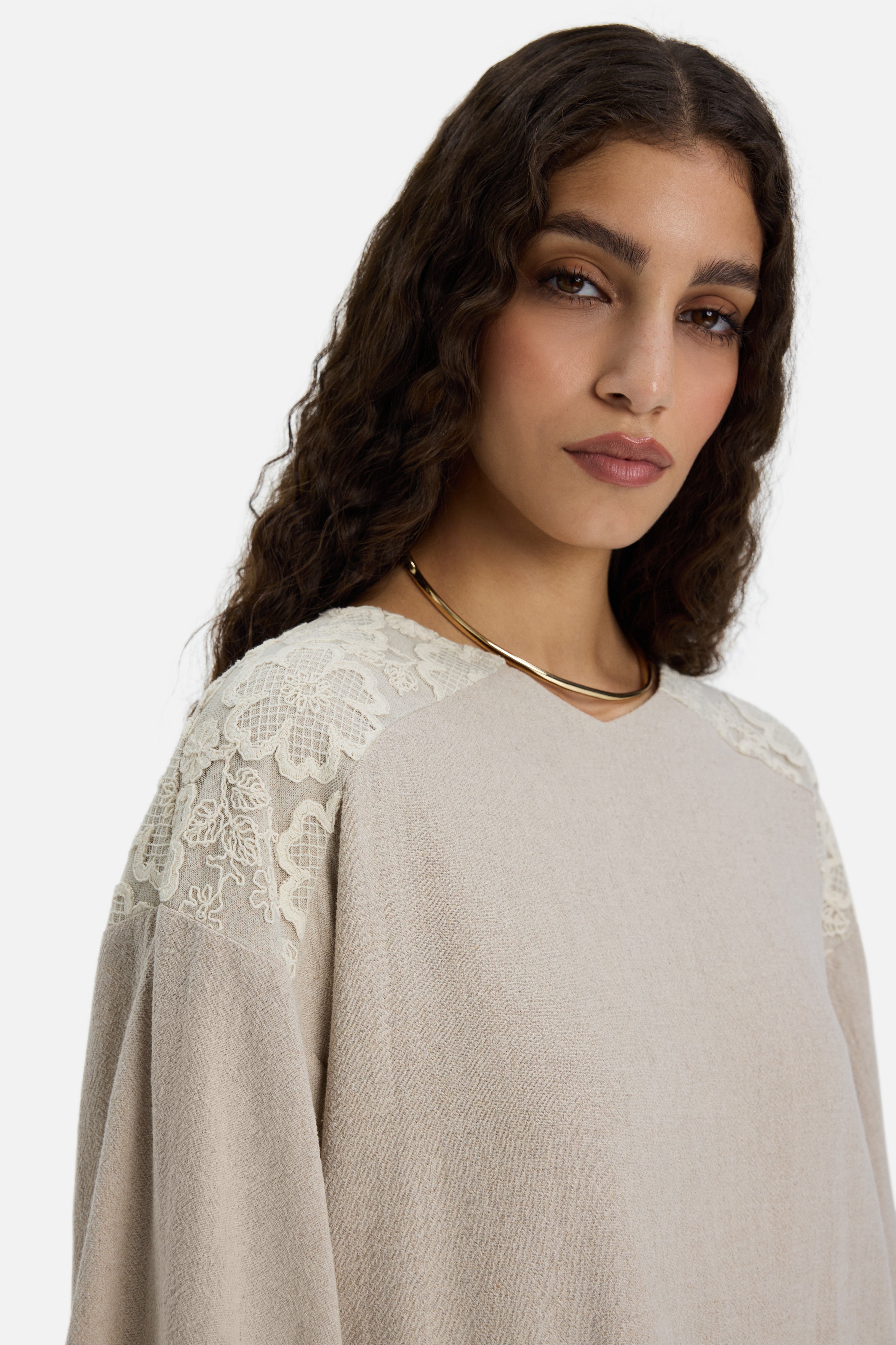 Lace Trim Top | Grey Sand