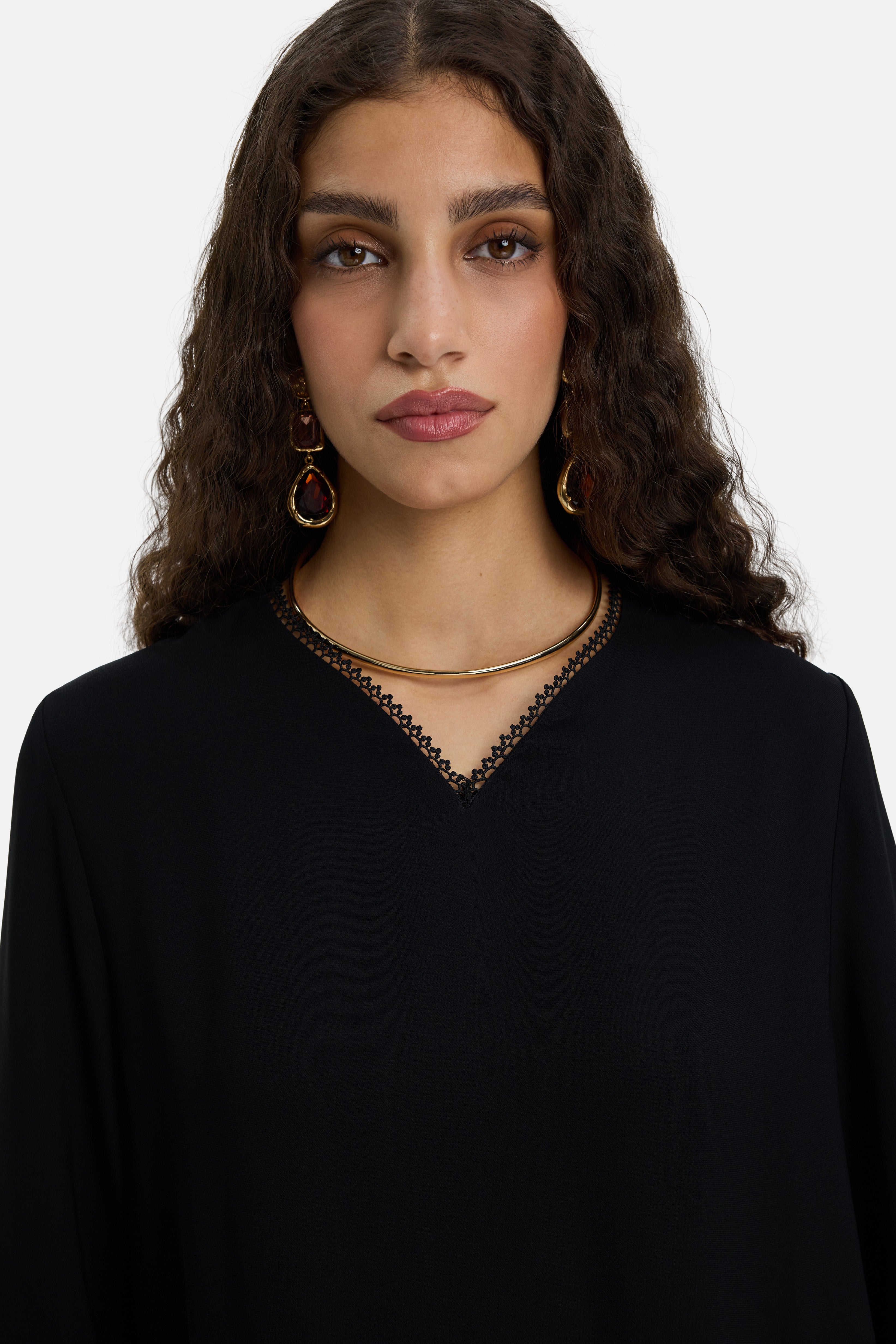 Picot Neck Dress | Black