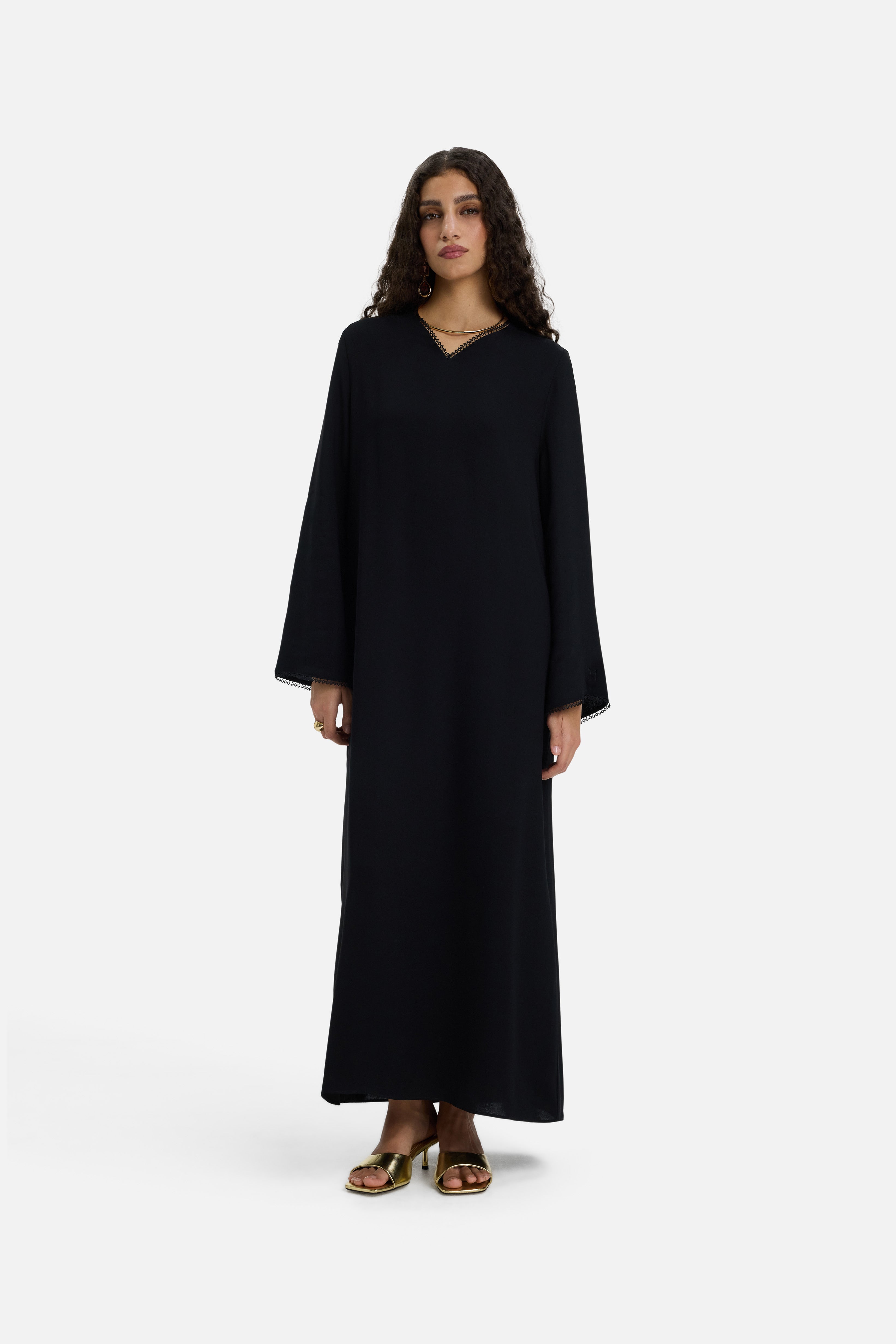 Picot Neck Dress | Black
