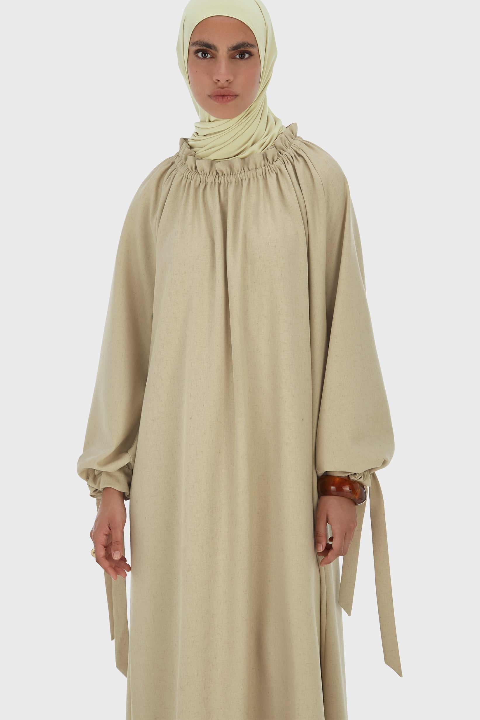 Gathered Neck Dress | Warm Khaki