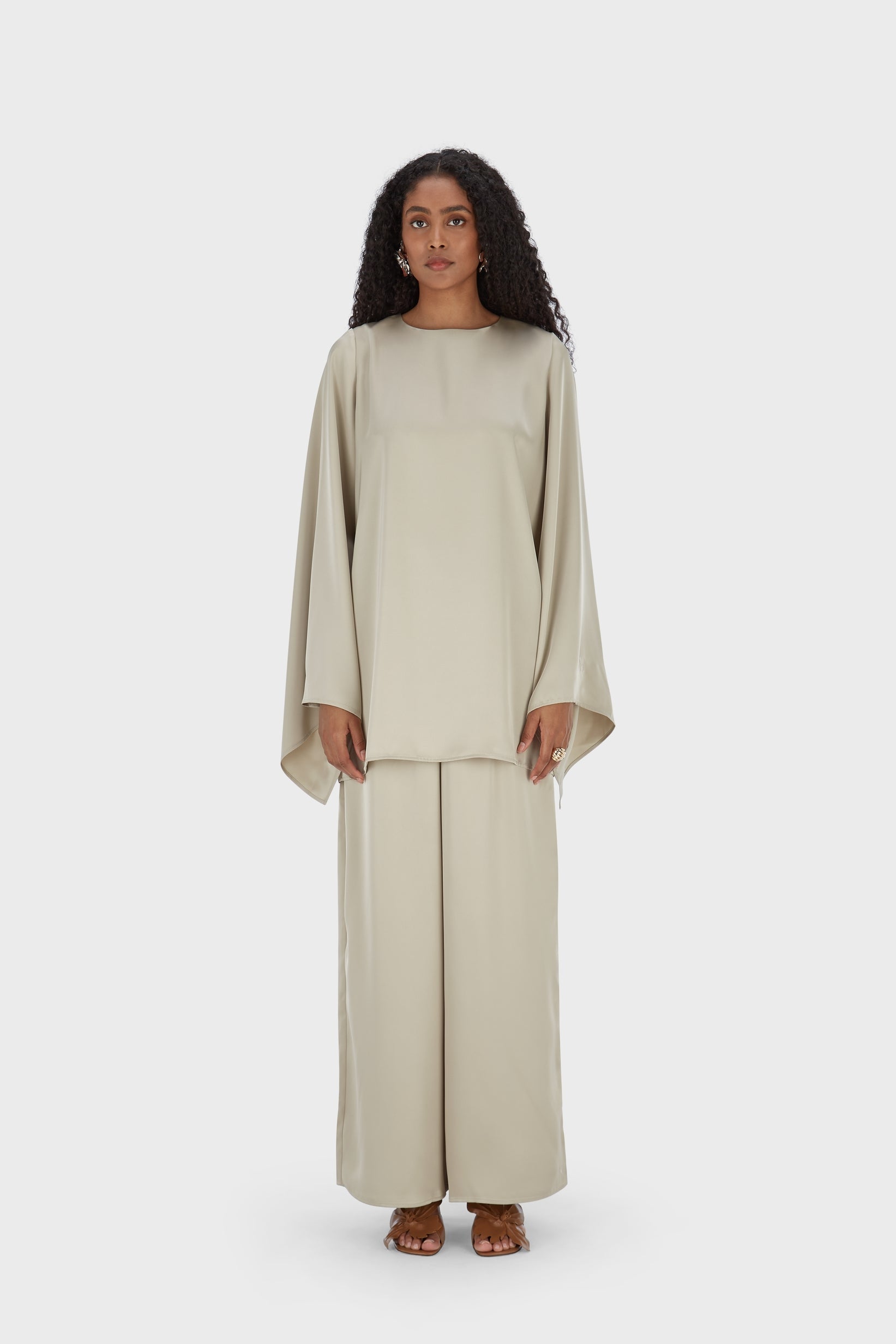 Satin Wide Leg Pants | Moss Gray