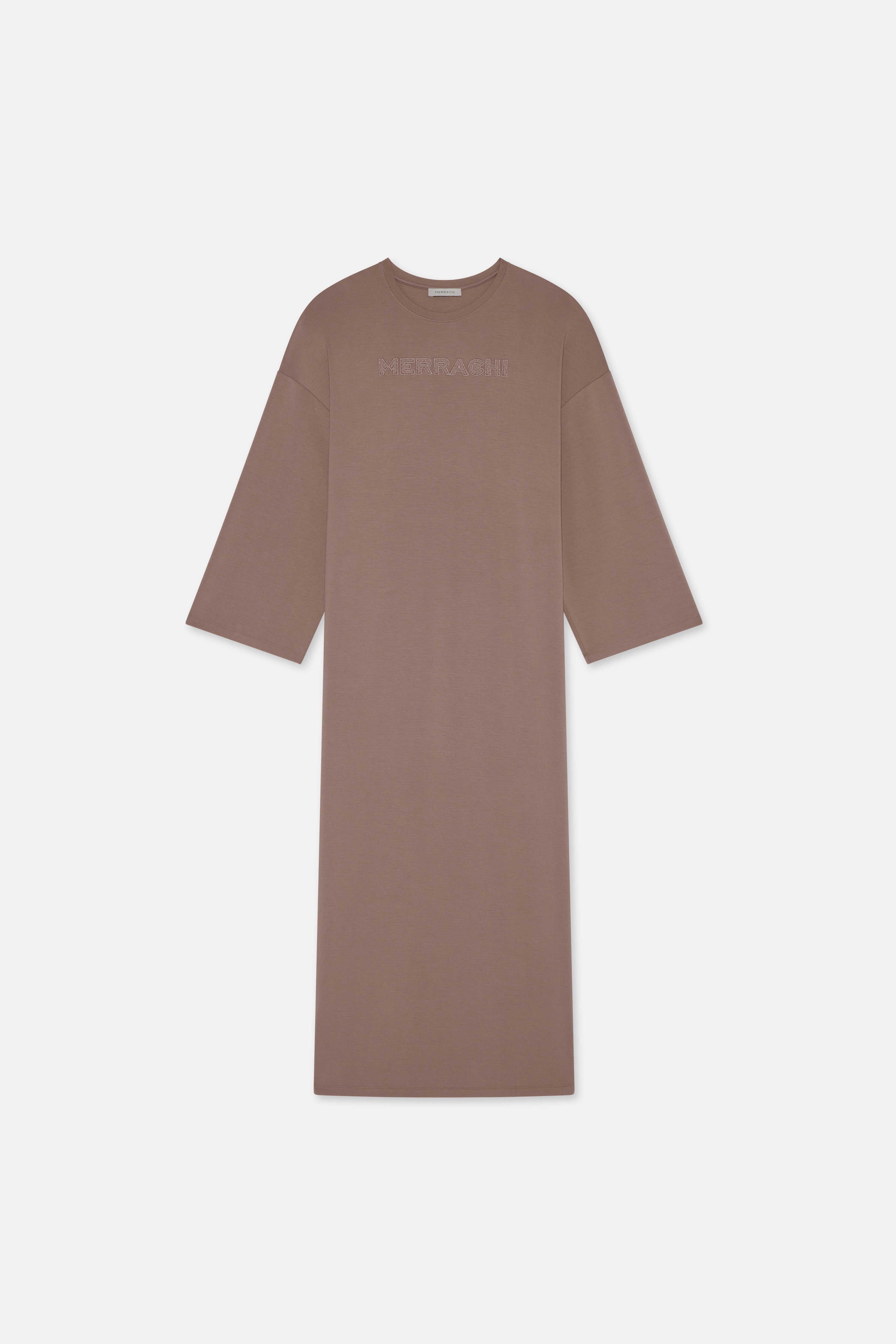Flat lay taupe MERRACHI dress, front view
