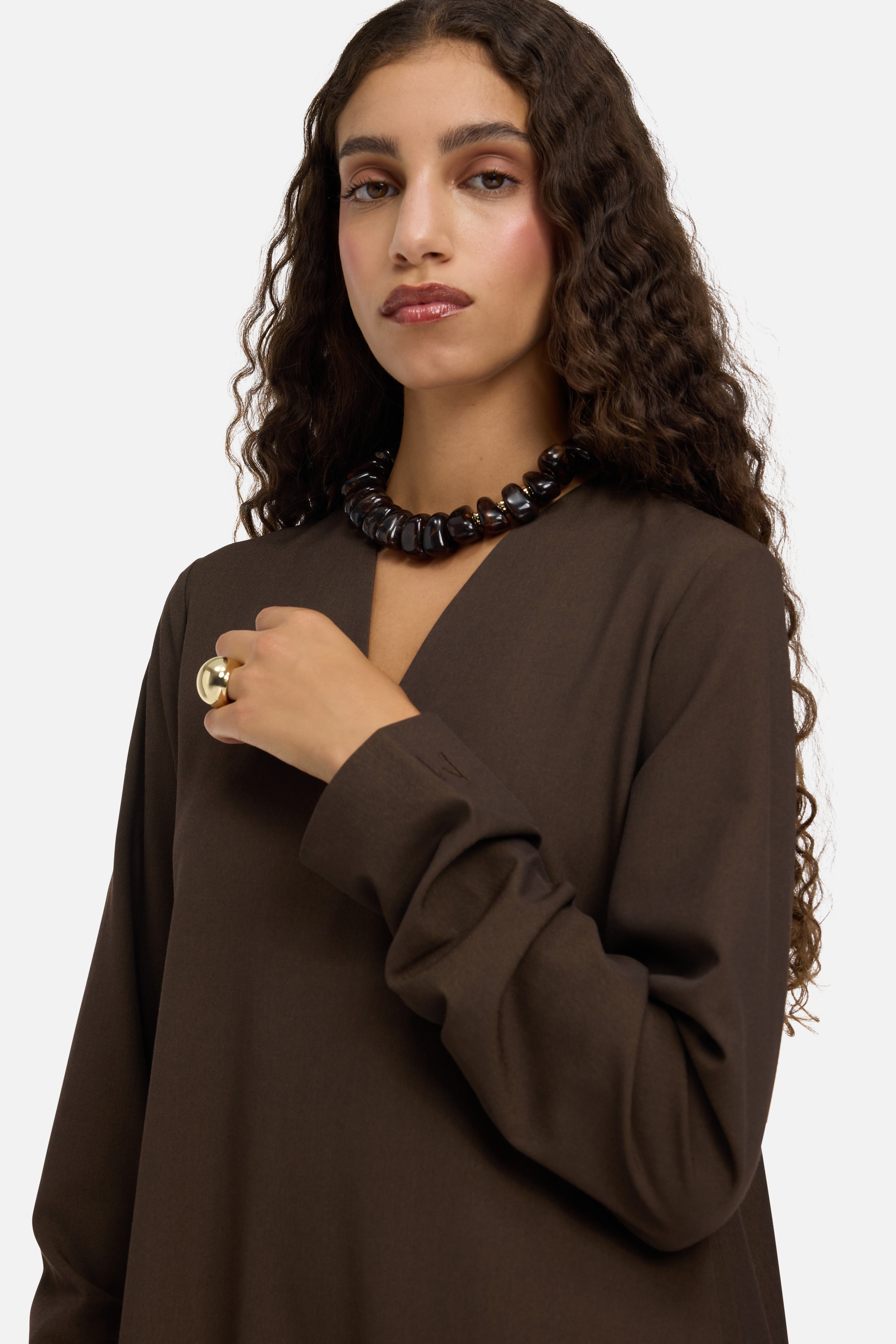 Tailored V-Neck Dress | Dark Brown