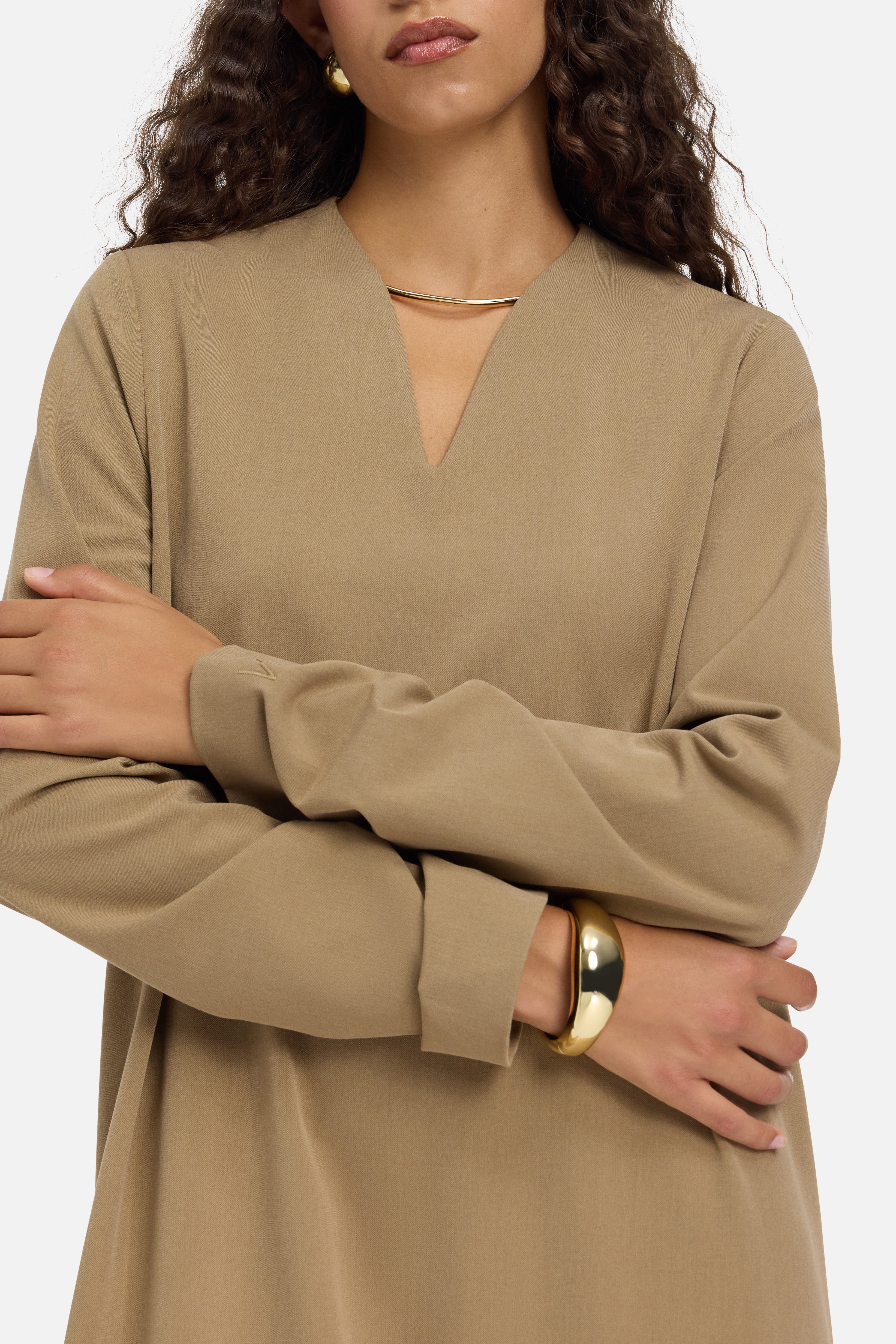 Tailored V-Neck Dress | Walnut