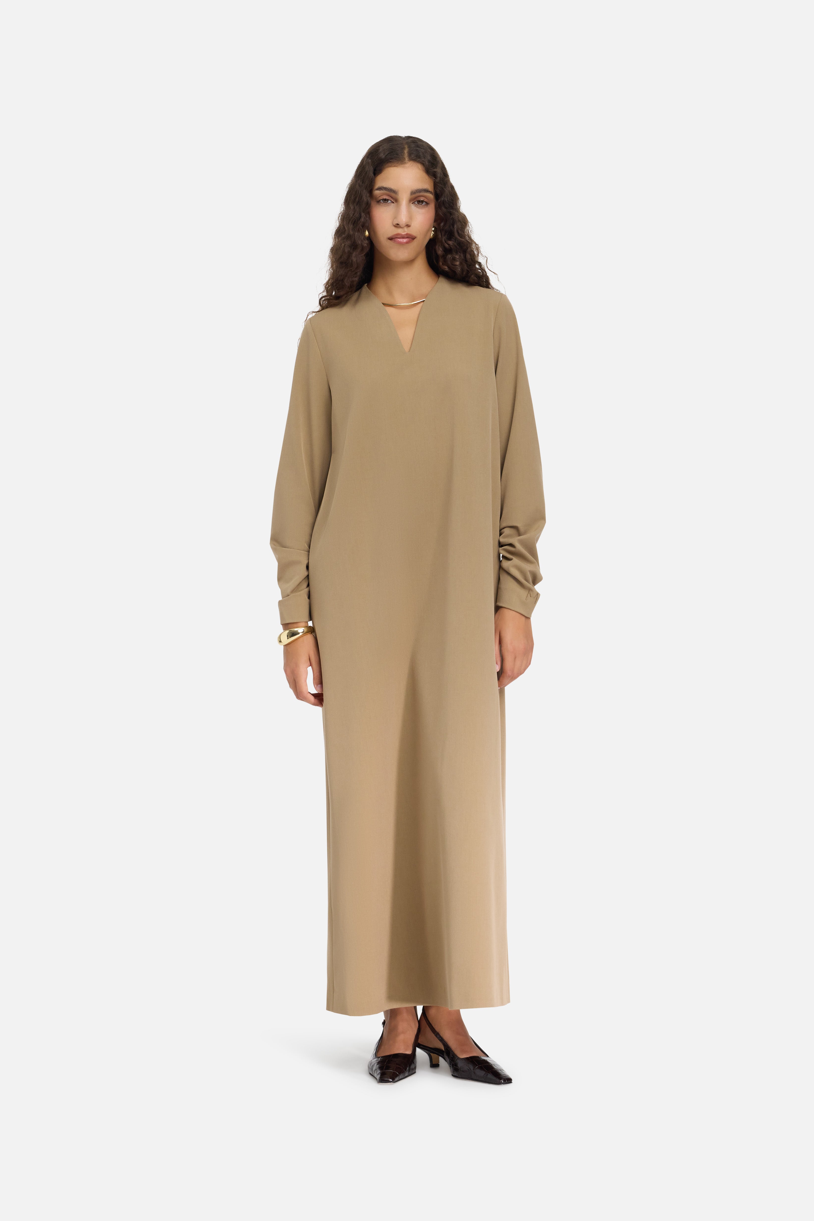 Tailored V-Neck Dress | Walnut