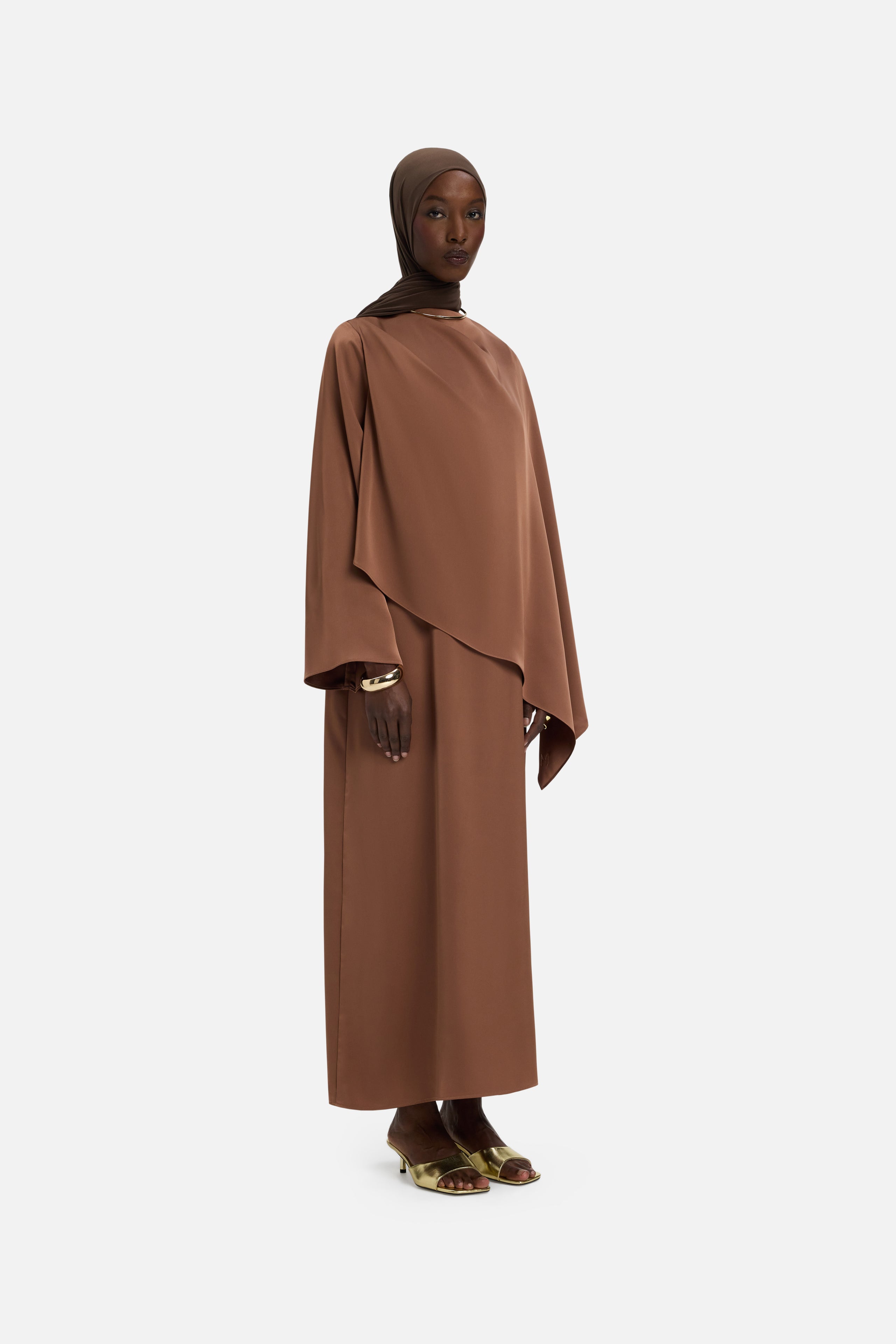 Front view model wearing bordeaux dress