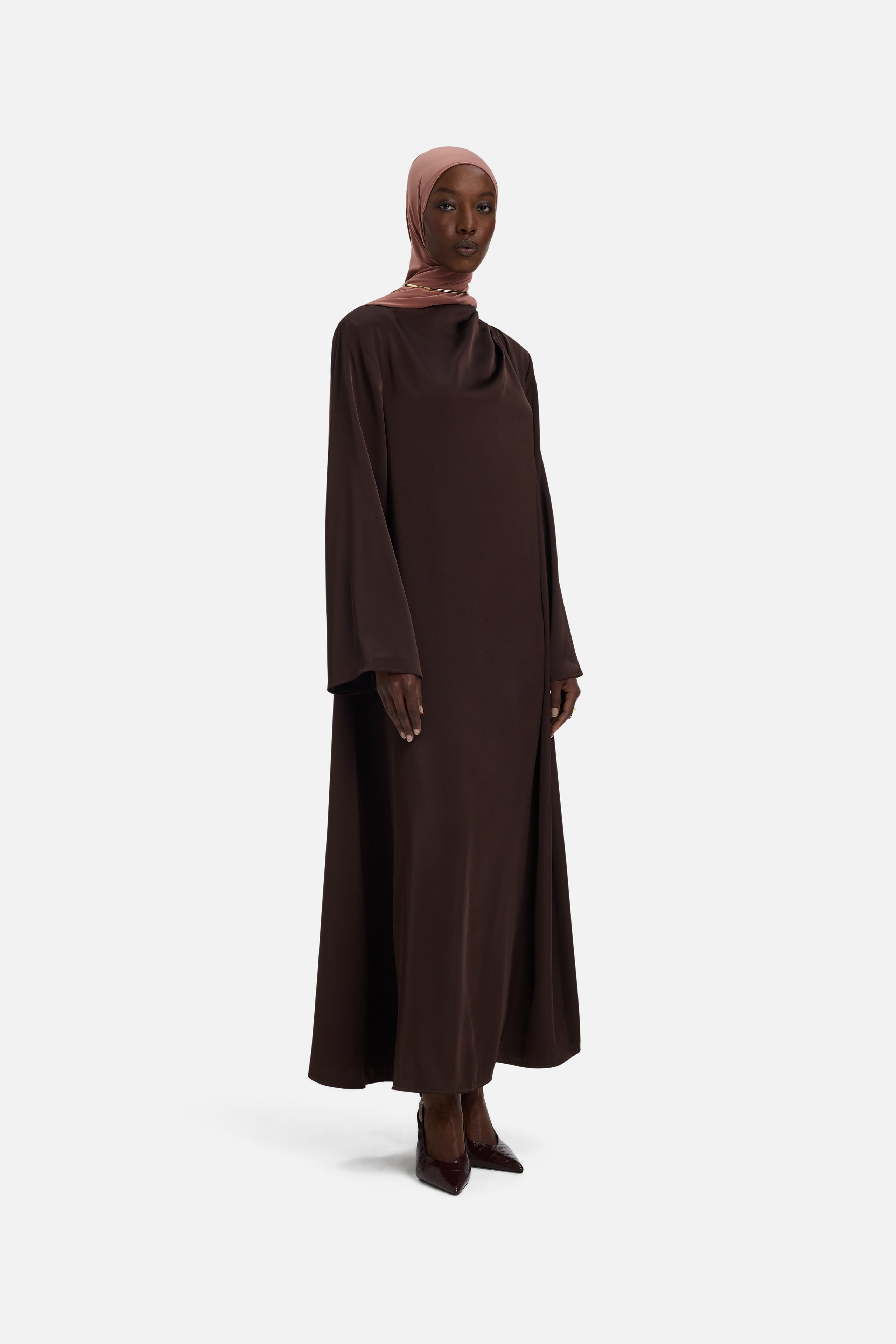 Front view model wearing dark brown dress