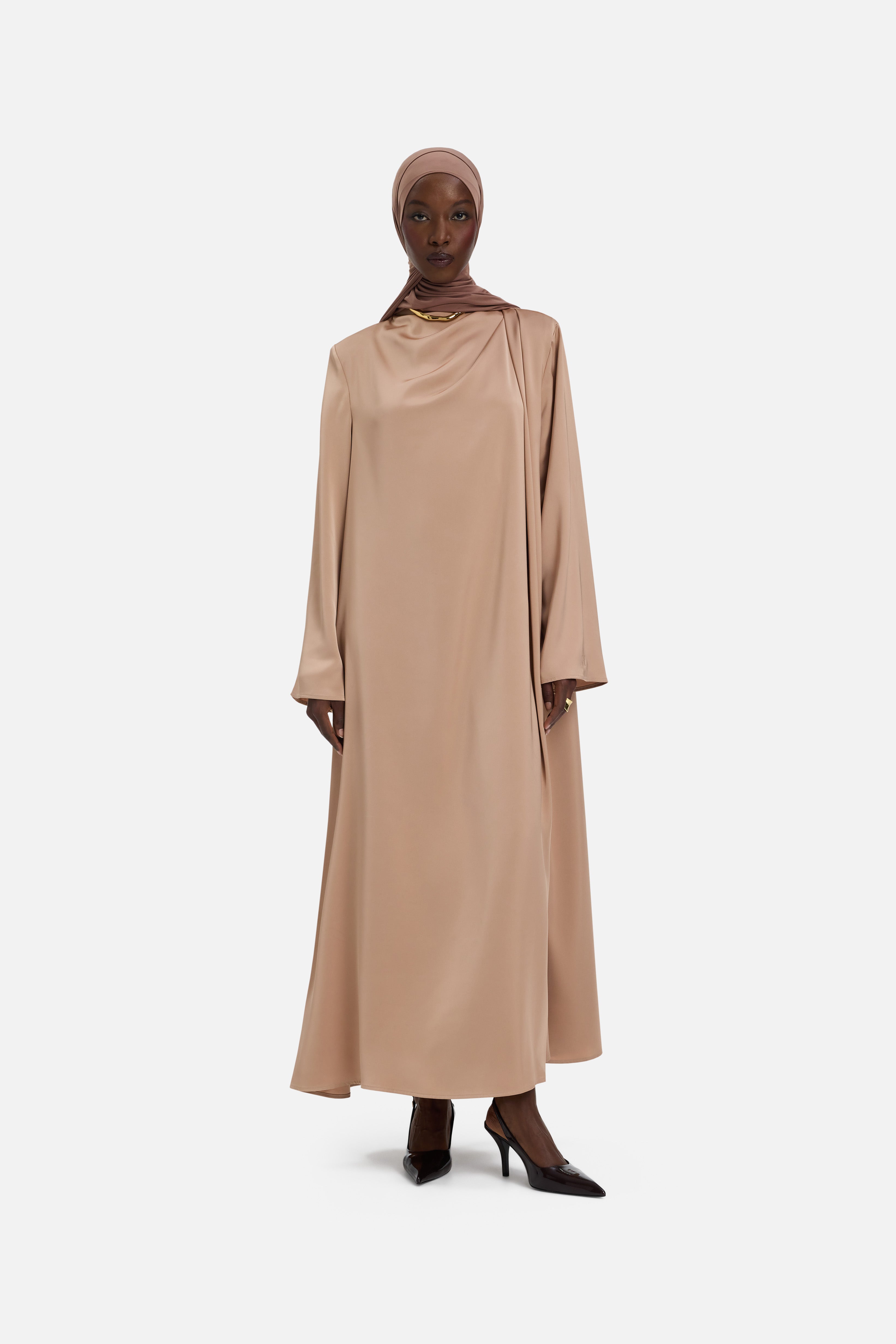 Front view model wearing light brown dress