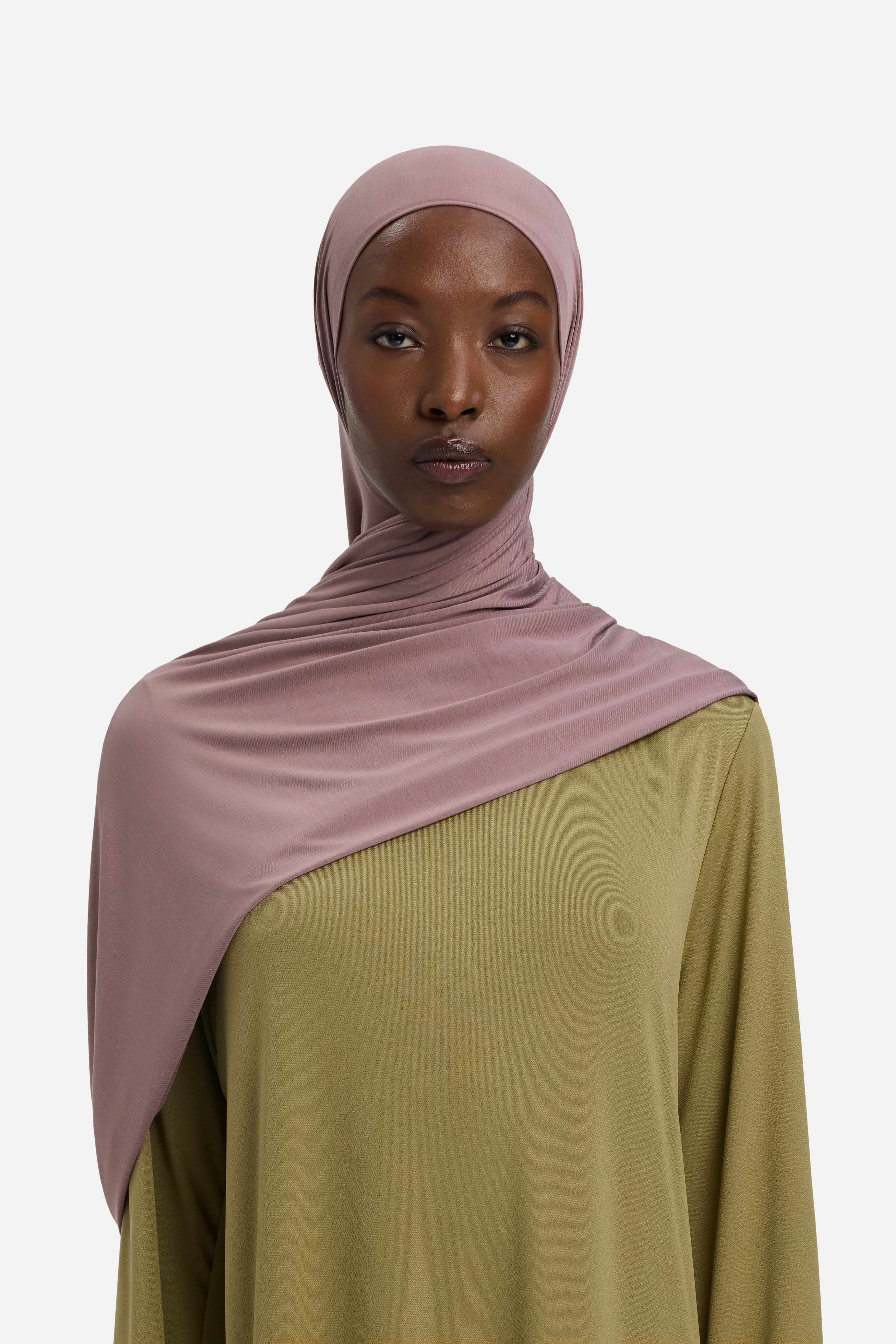 Model wearing purple MERRACHI headscarf, front view