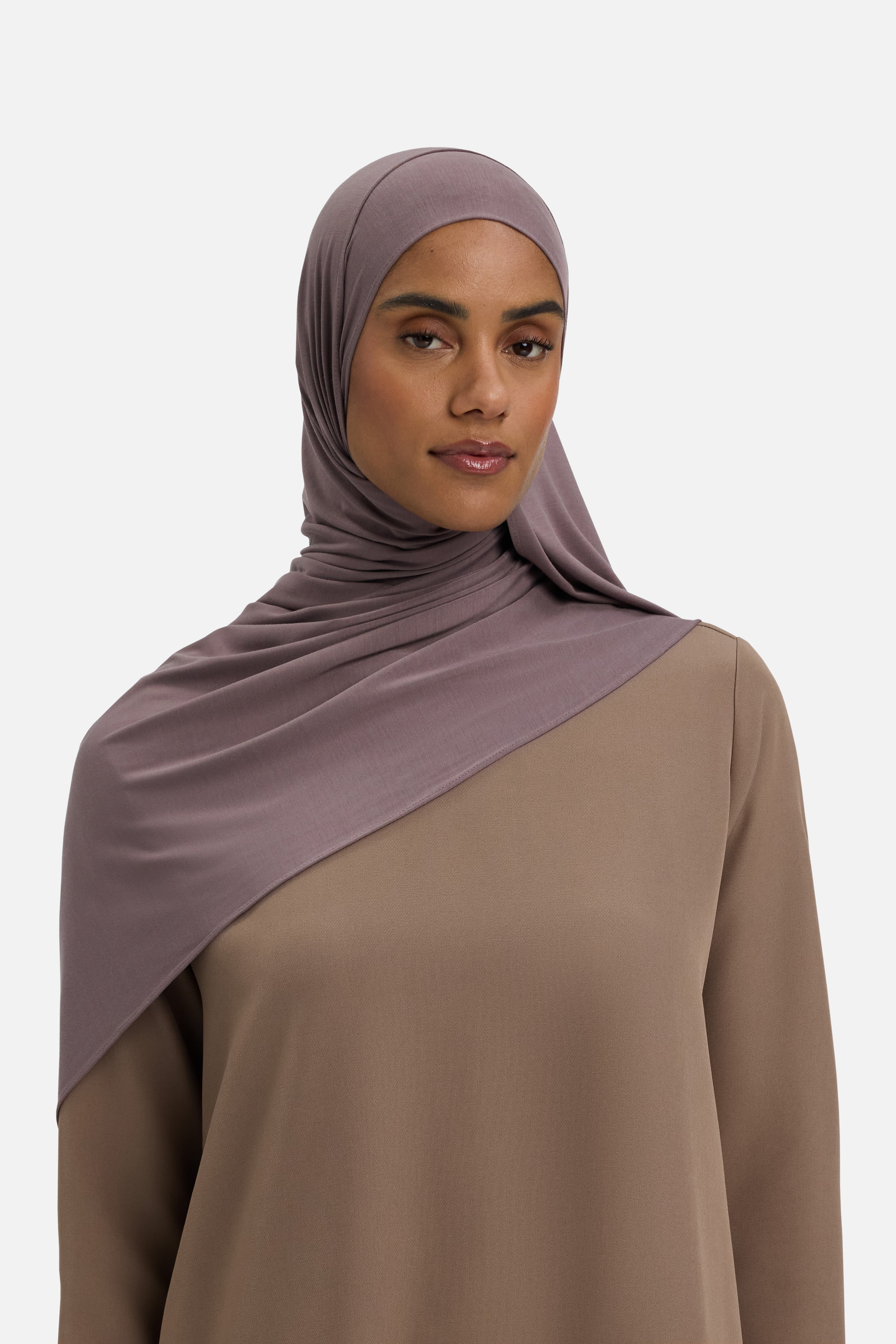 Model wearing purple MERRACHI headscarf, front view