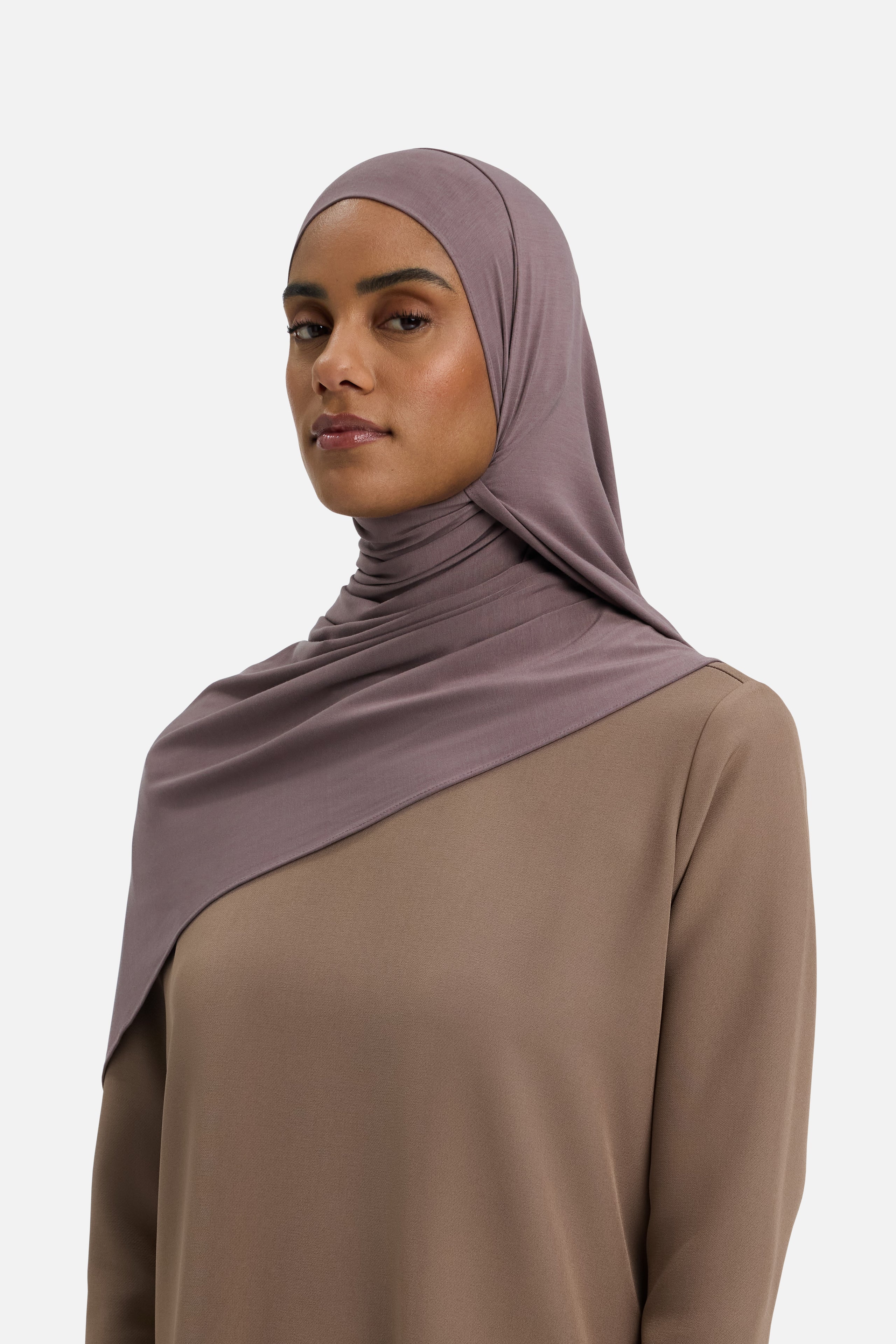 Model wearing purple MERRACHI headscarf, front view