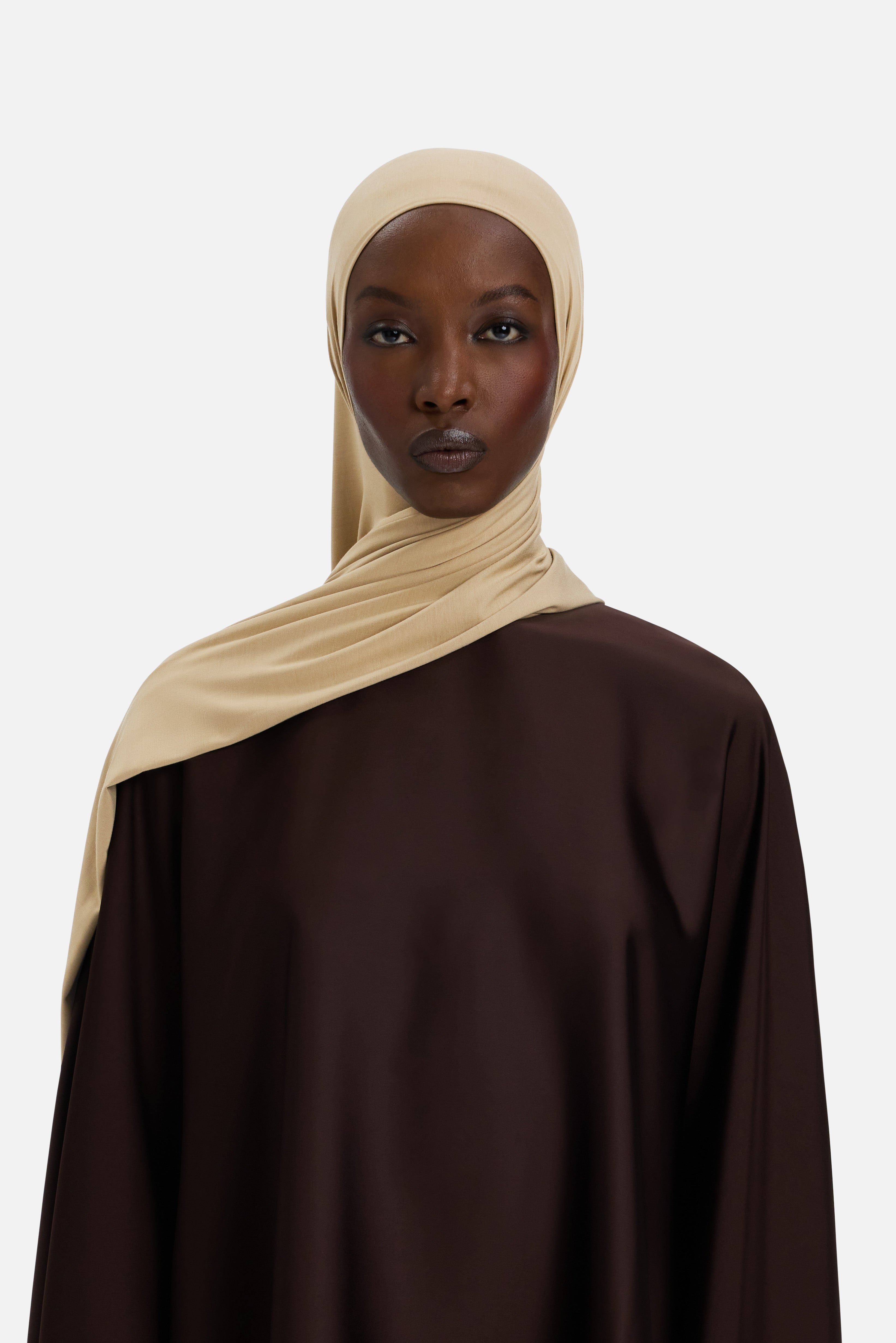 Model wearing yellow MERRACHI headscarf, front view