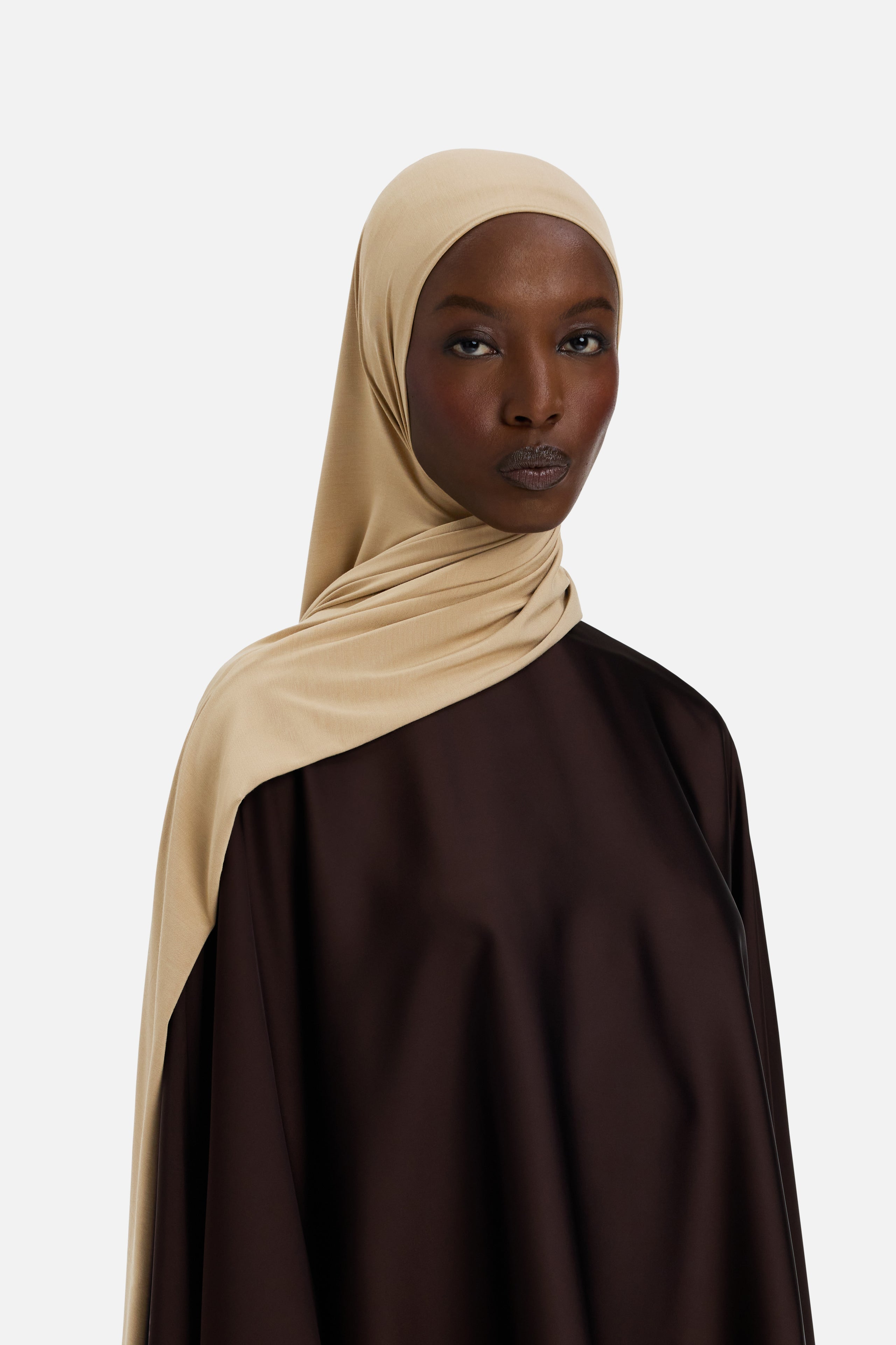 Model wearing yellow MERRACHI headscarf, front view