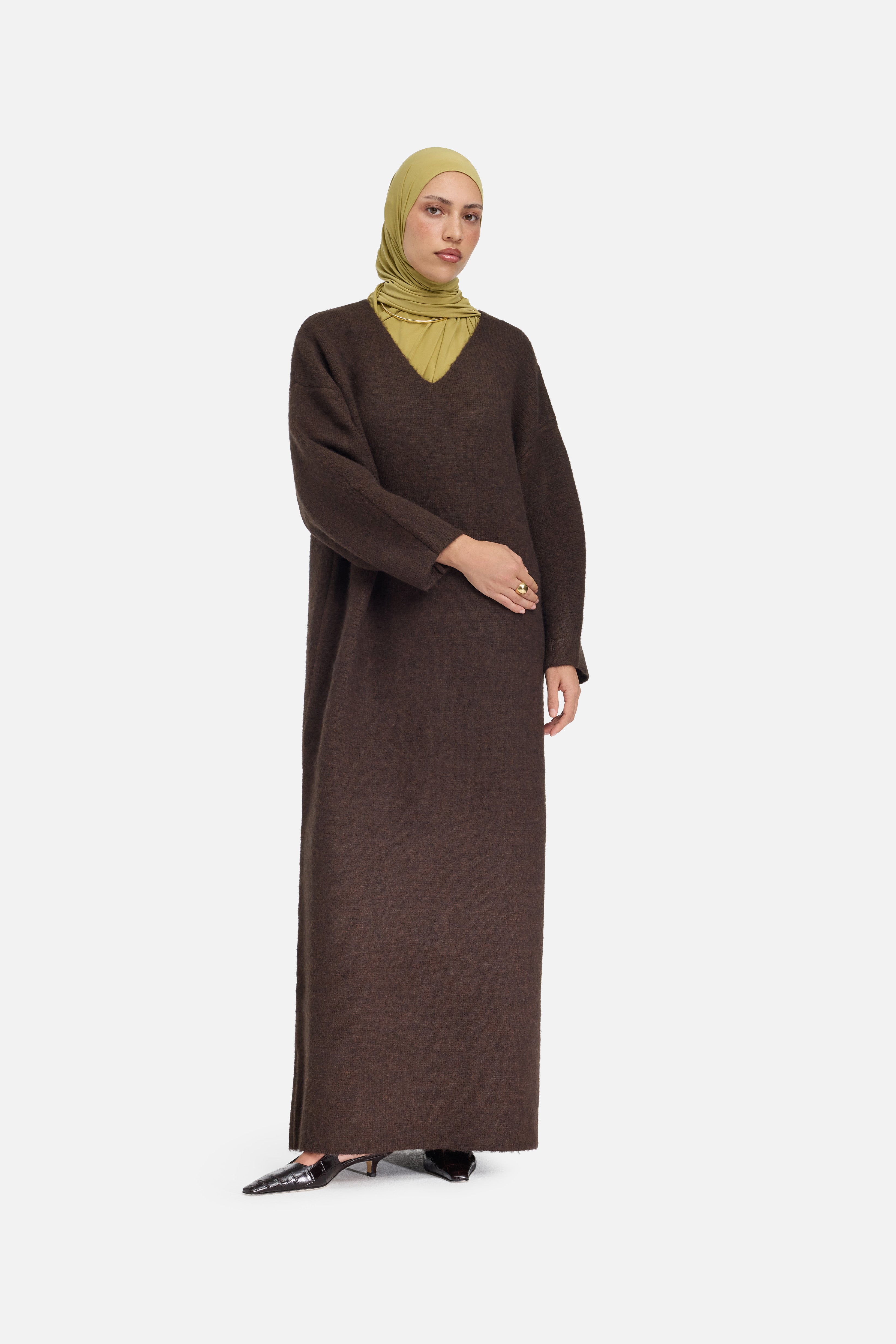 Brushed Knit V-Neck Dress | Dark Brown