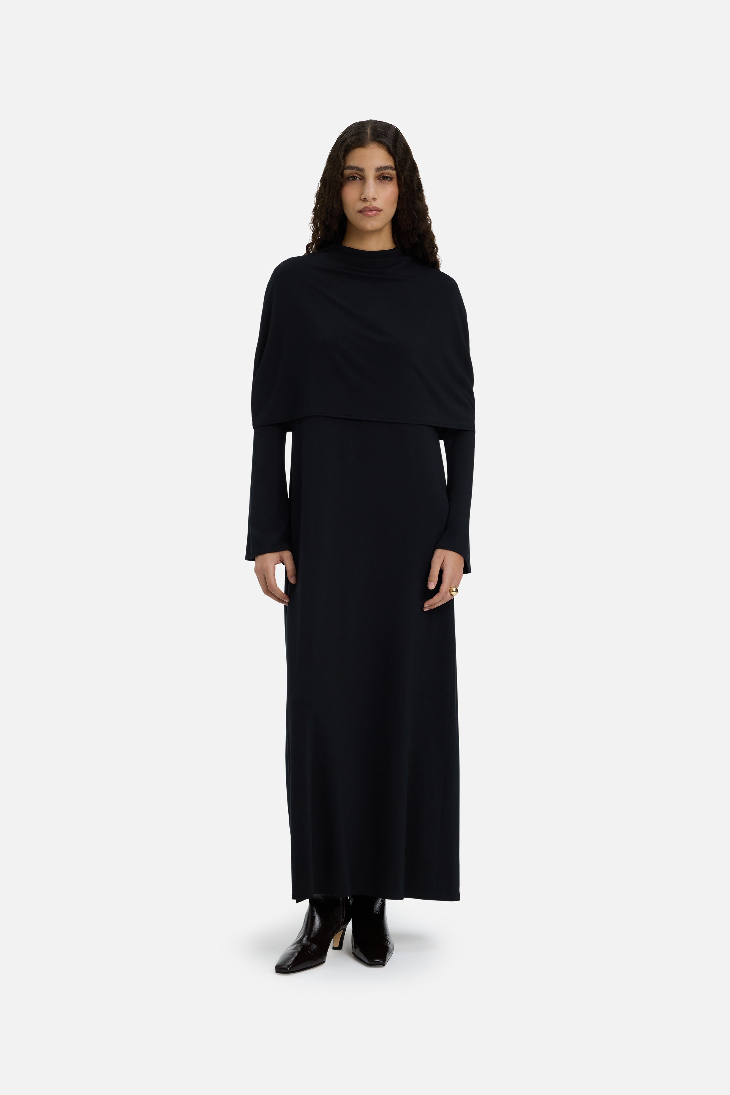 Front view model wearing black dress