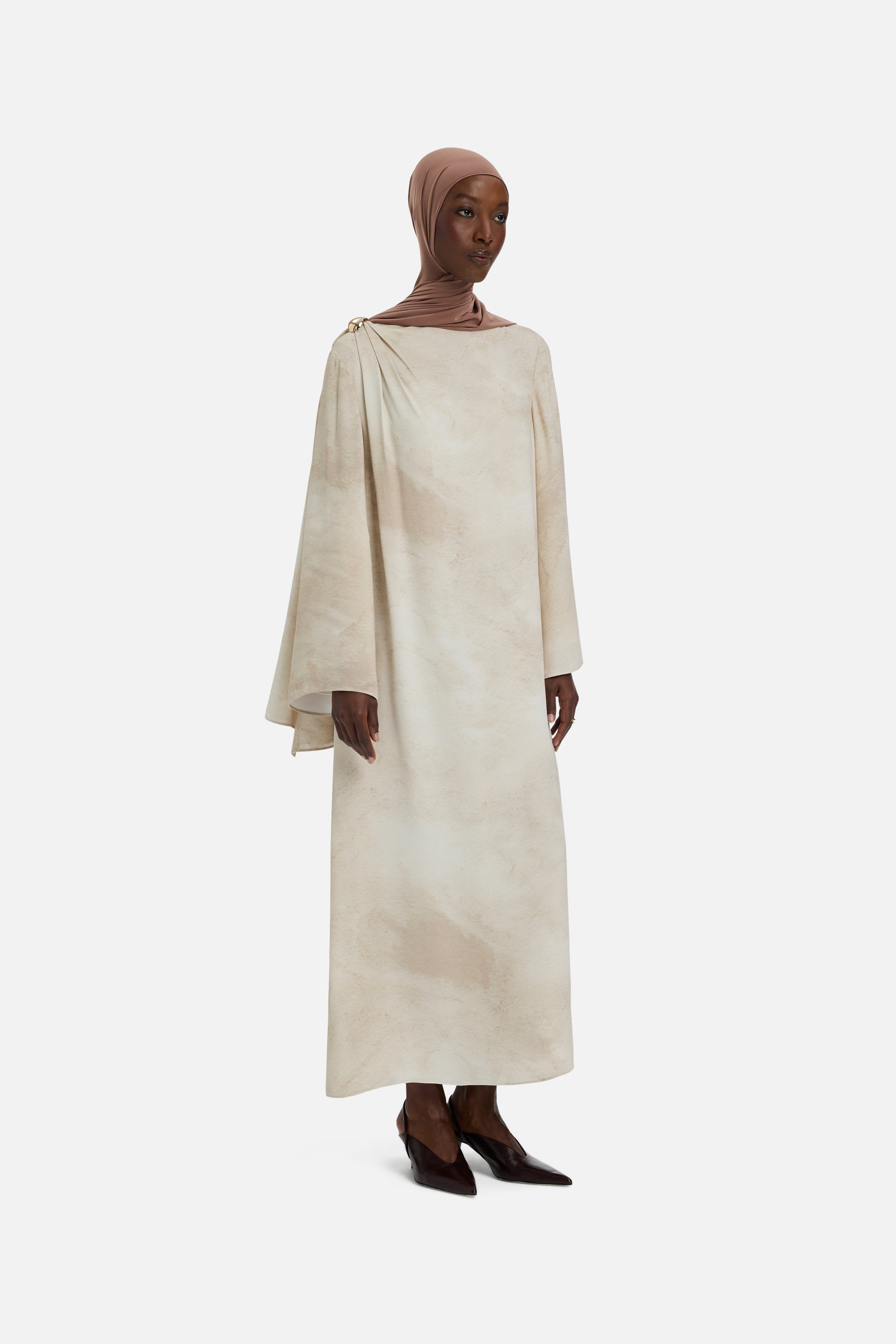 Front view model wearing off white dress marble print