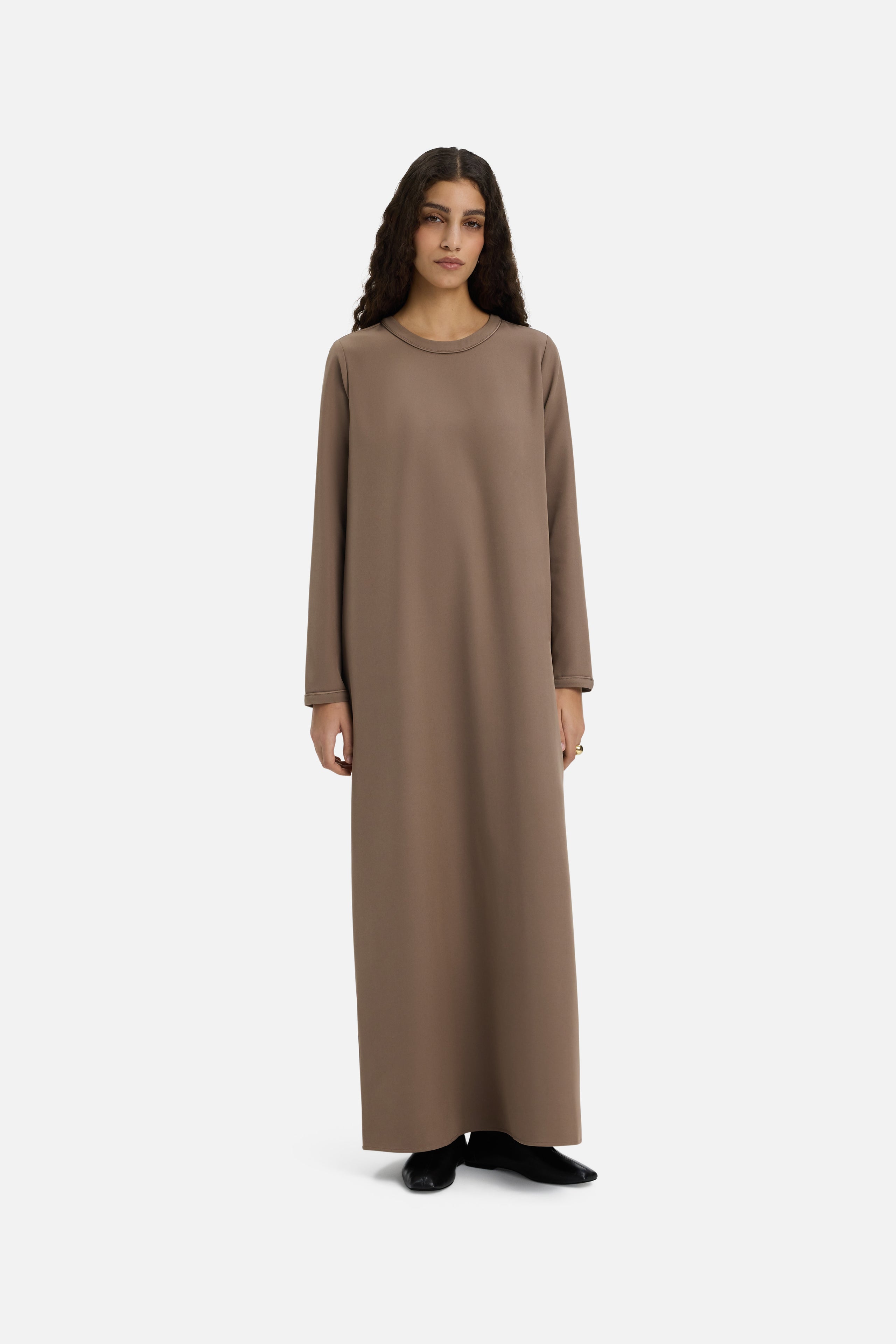 Front view model wearing long taupe dress