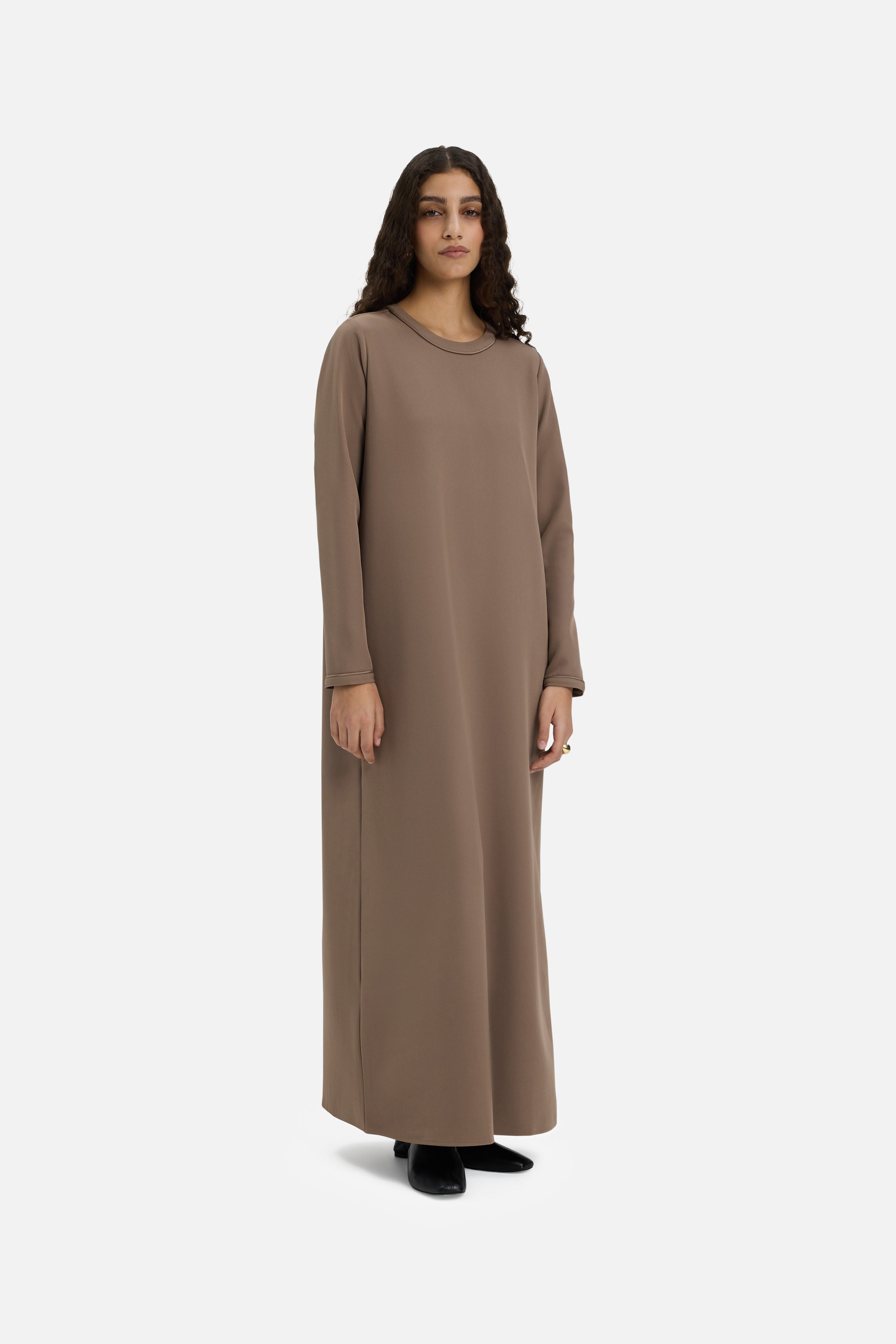 Front view model wearing long taupe dress