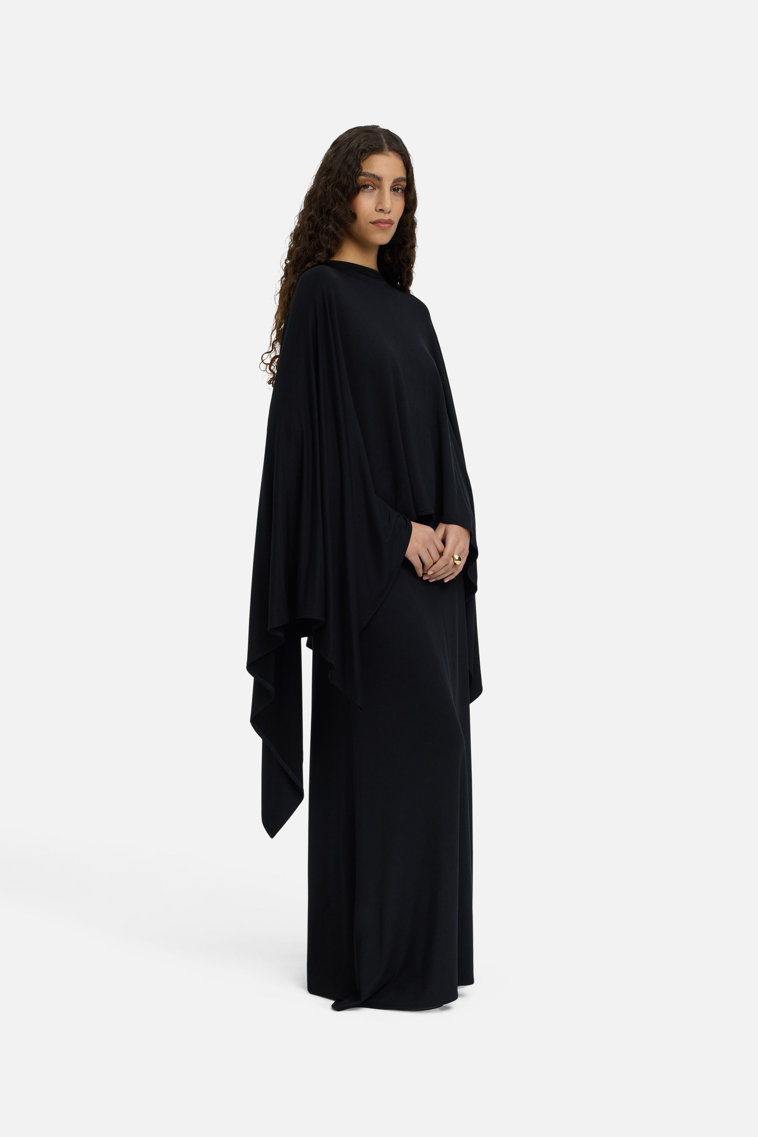 Front view model wearing black maxi skirt