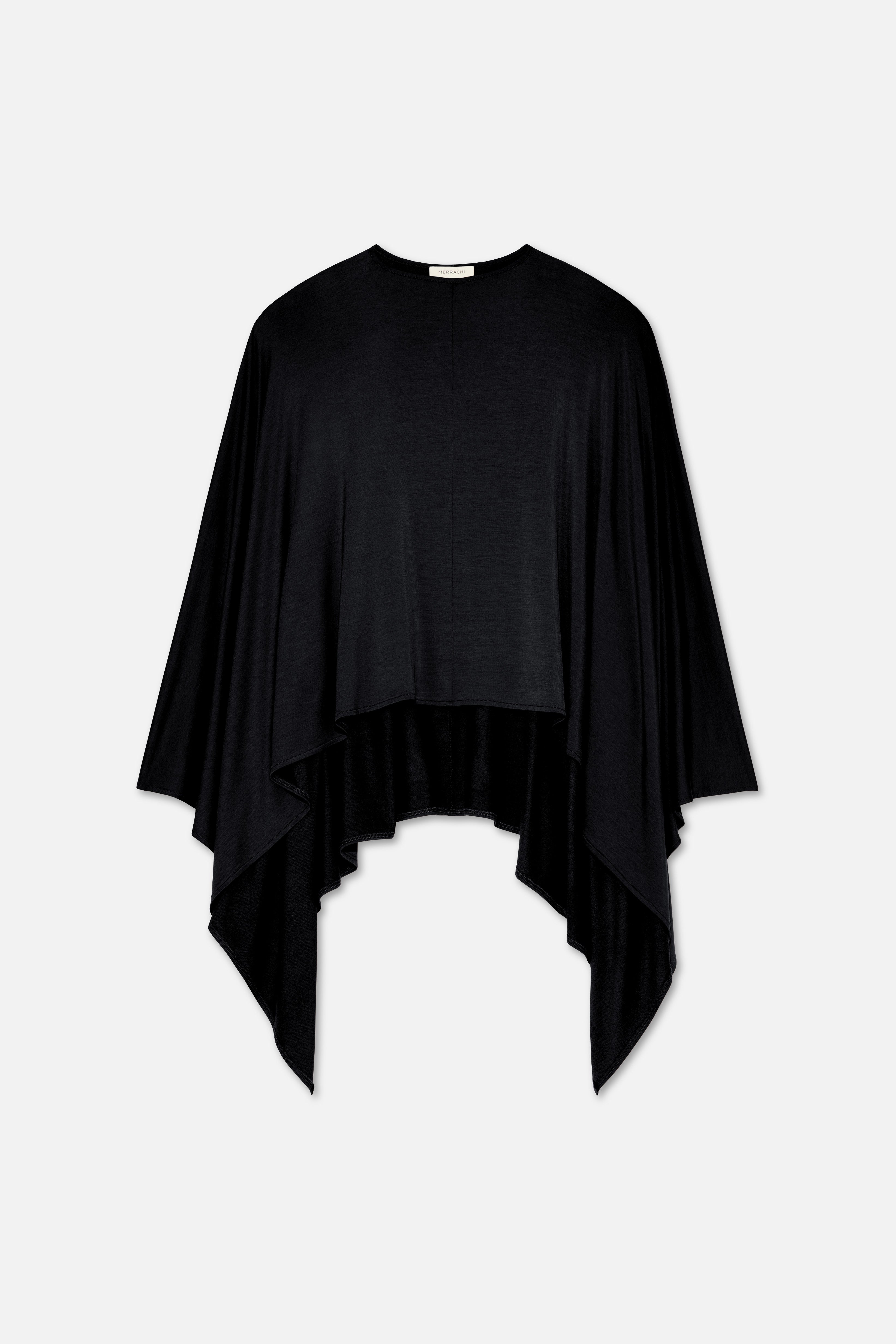 Flat lay black MERRACHI cape, front view