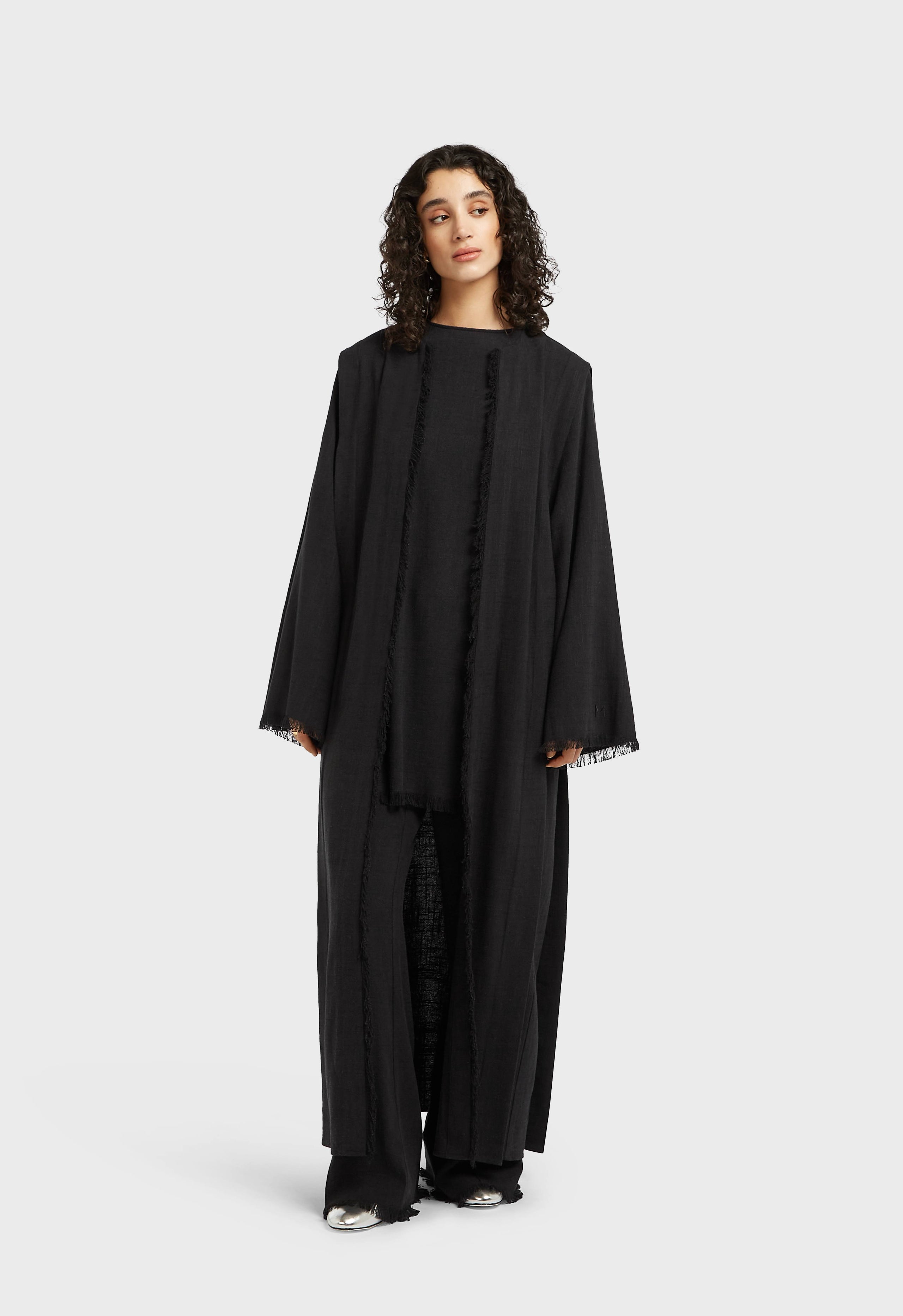 Frayed Hem Linen Abaya | Black