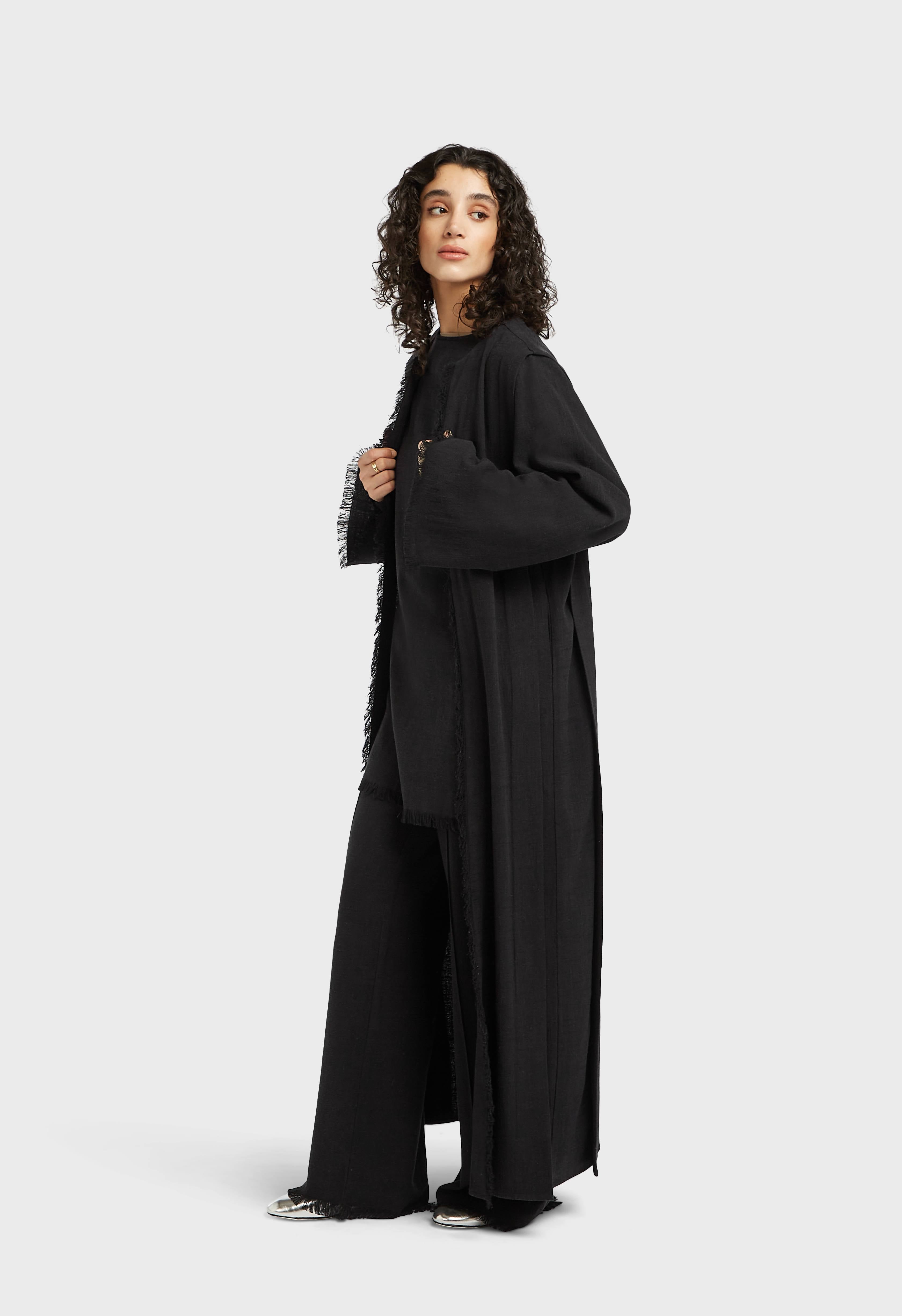 Frayed Hem Linen Abaya | Black