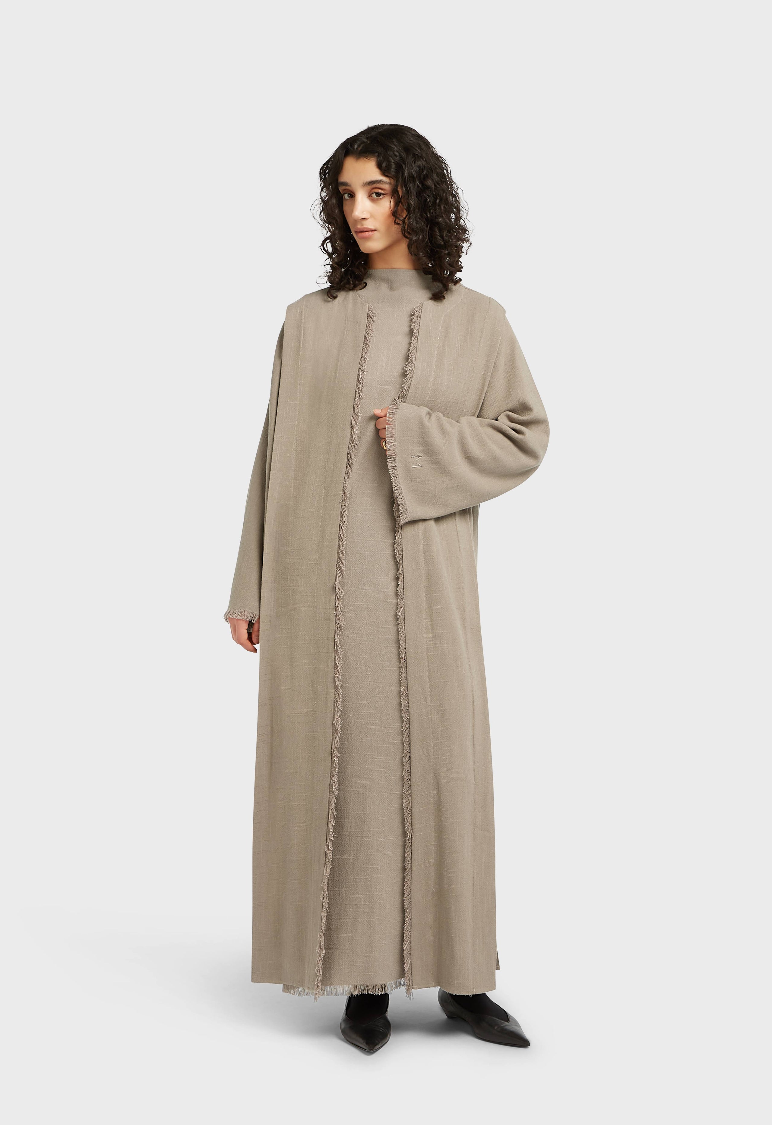 Frayed Hem Linen Abaya | Desert Brown