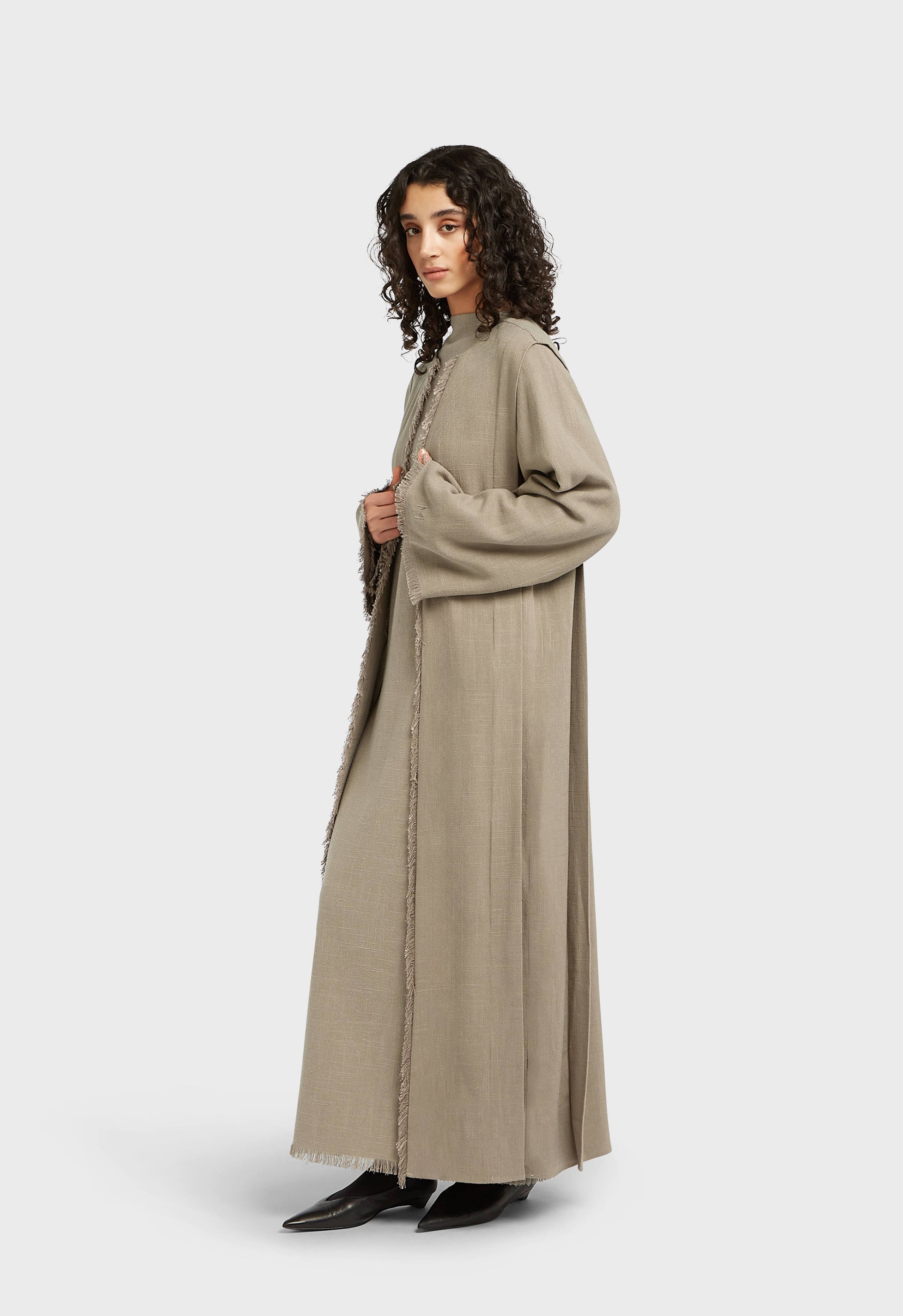 Frayed Hem Linen Abaya | Desert Brown