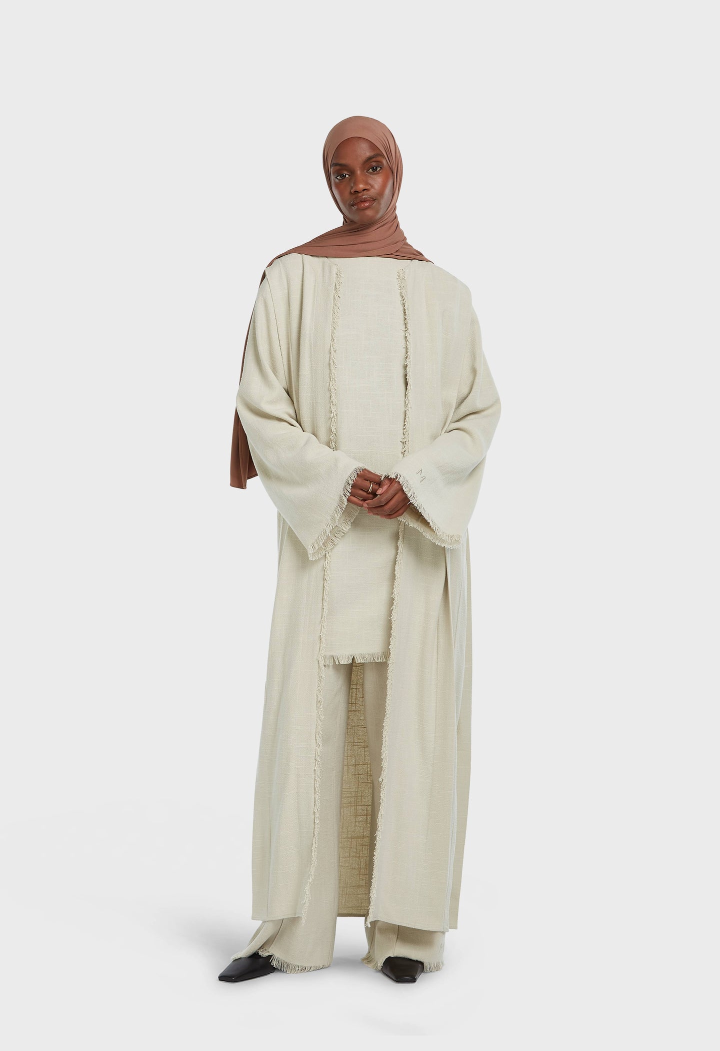 Frayed Hem Linen Abaya | Light Storm