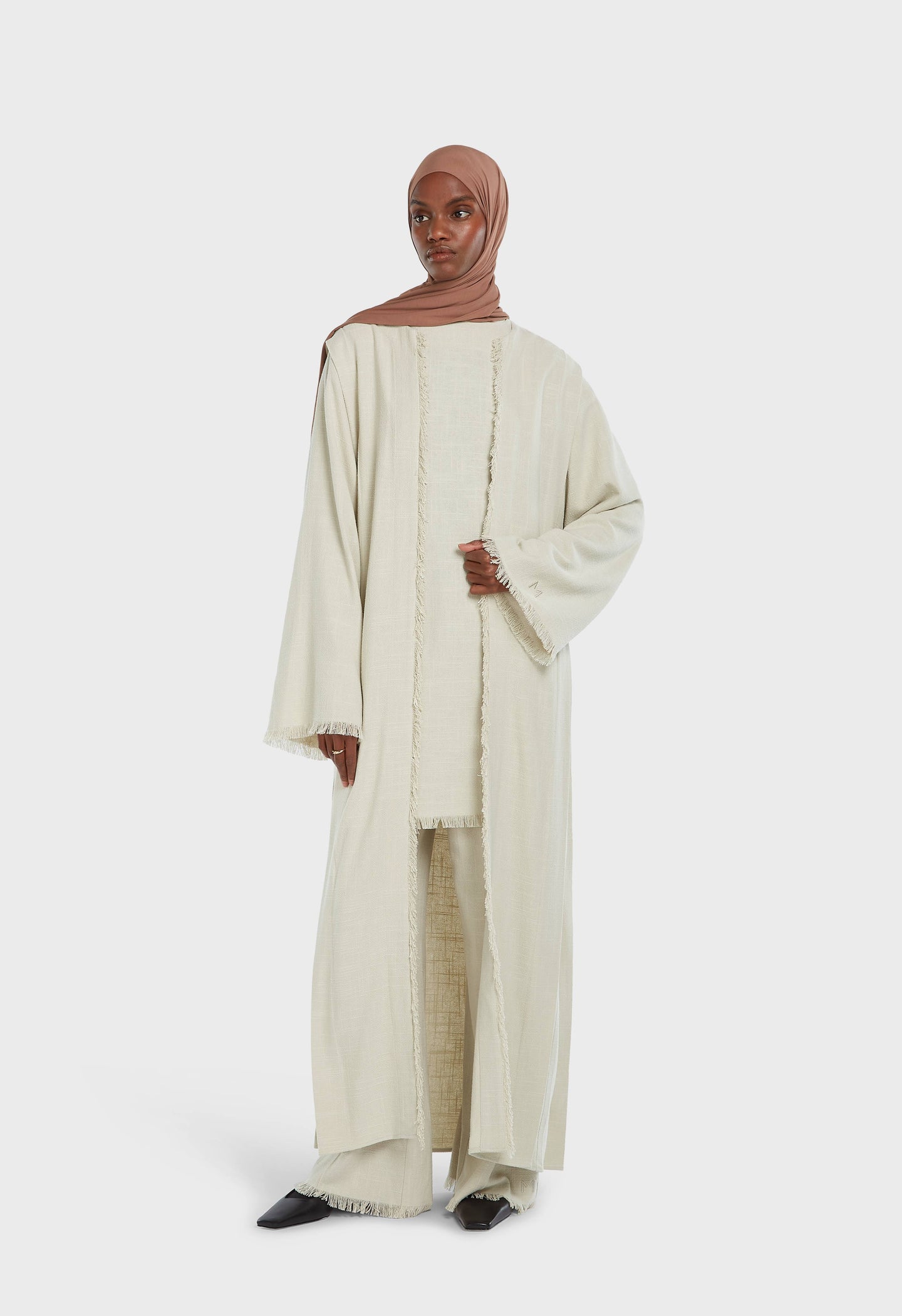 Frayed Hem Linen Abaya | Light Storm