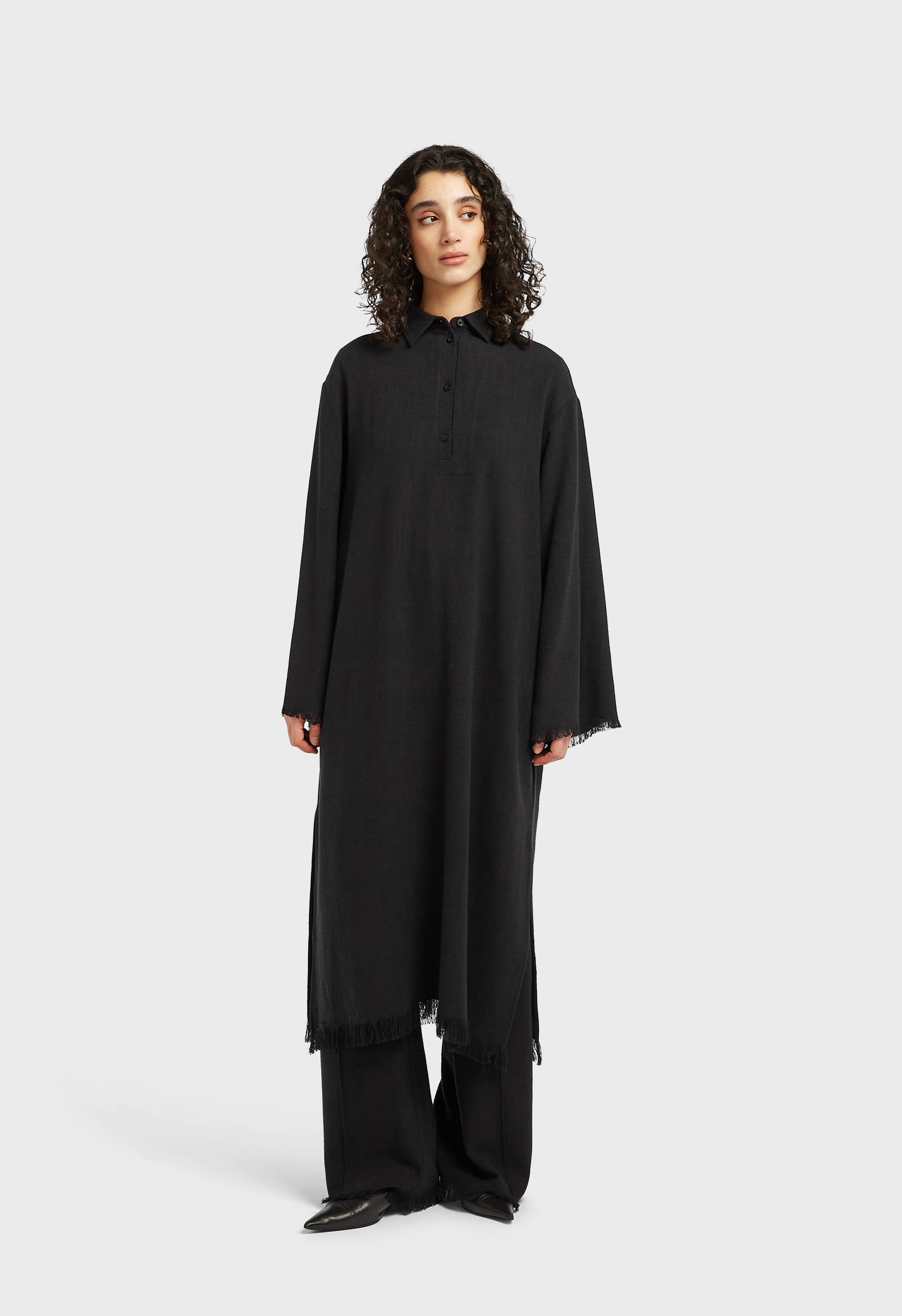 Frayed Hem Linen Shirt Dress | Black