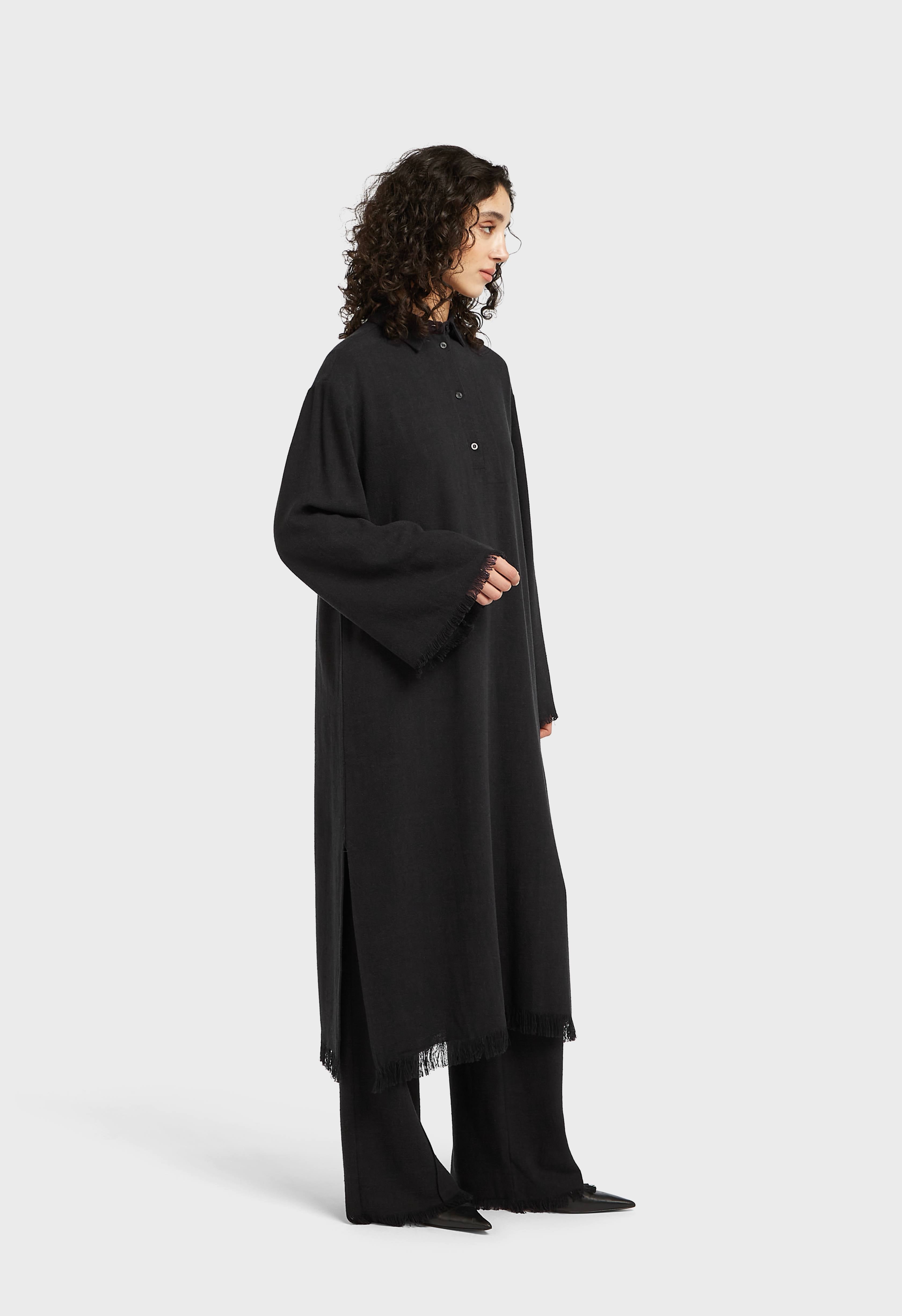 Frayed Hem Linen Shirt Dress | Black