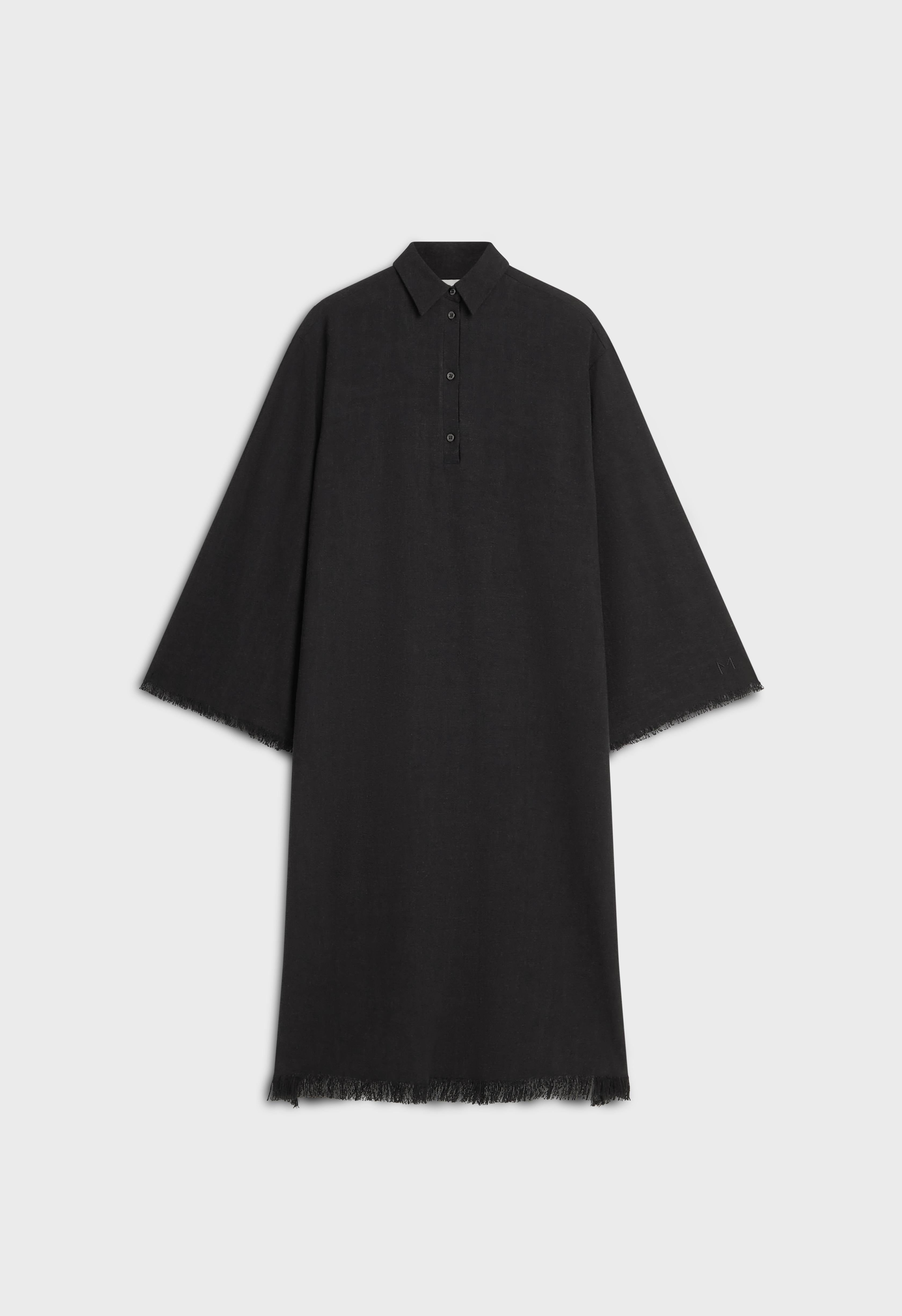 Frayed Hem Linen Shirt Dress | Black