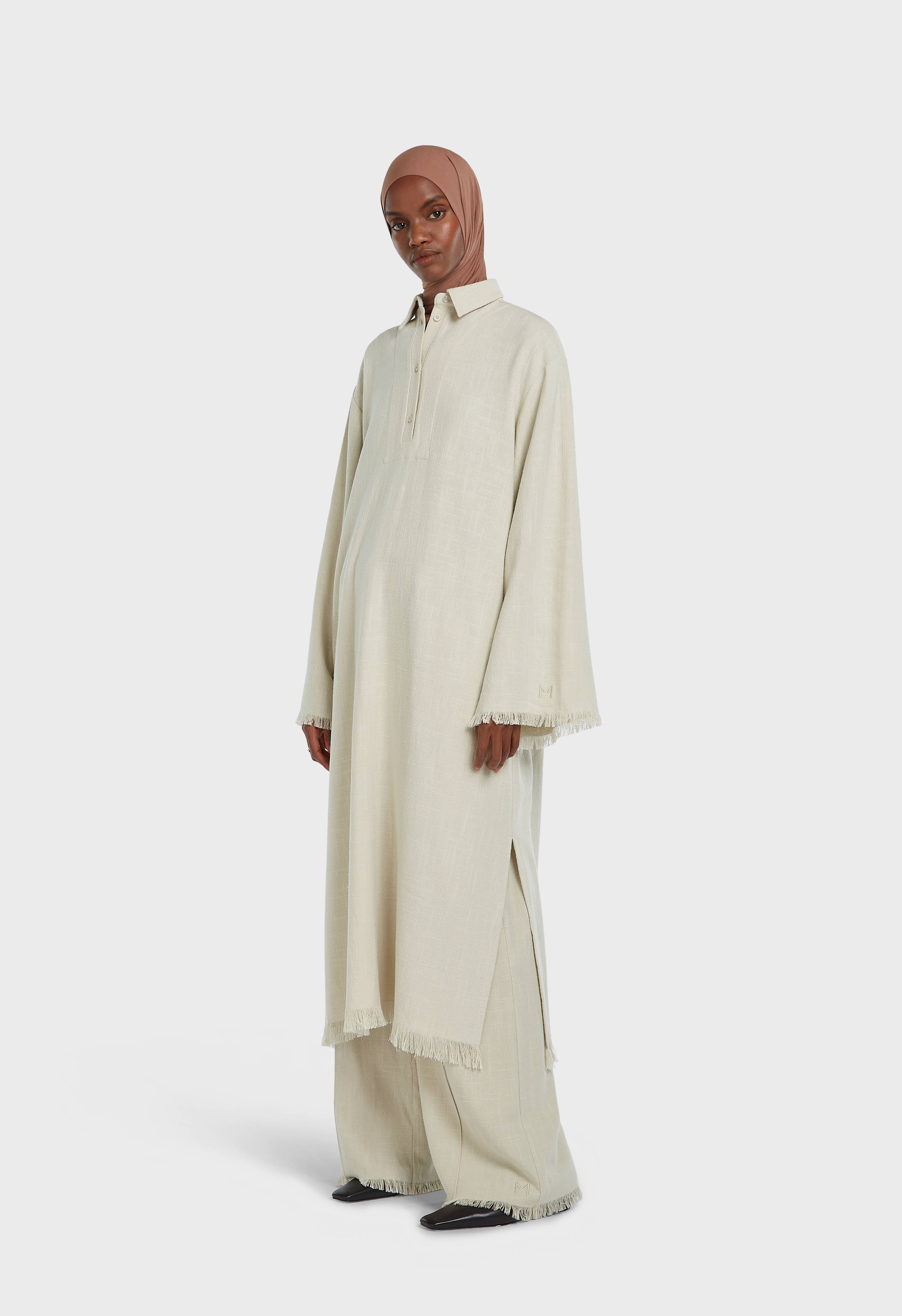 Frayed Hem Linen Shirt Dress | Light Storm