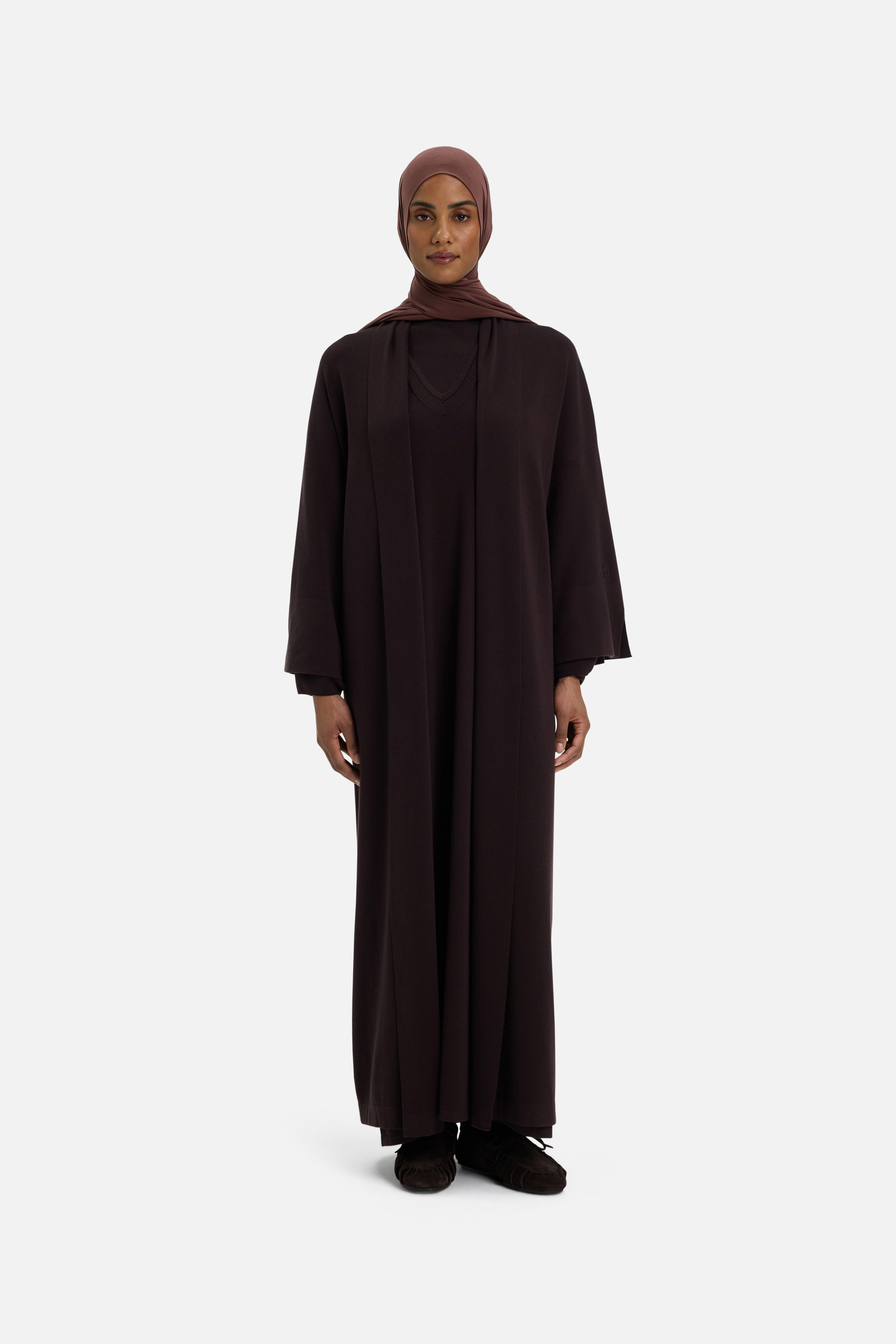 Front view model wearing brown abaya and headscarf