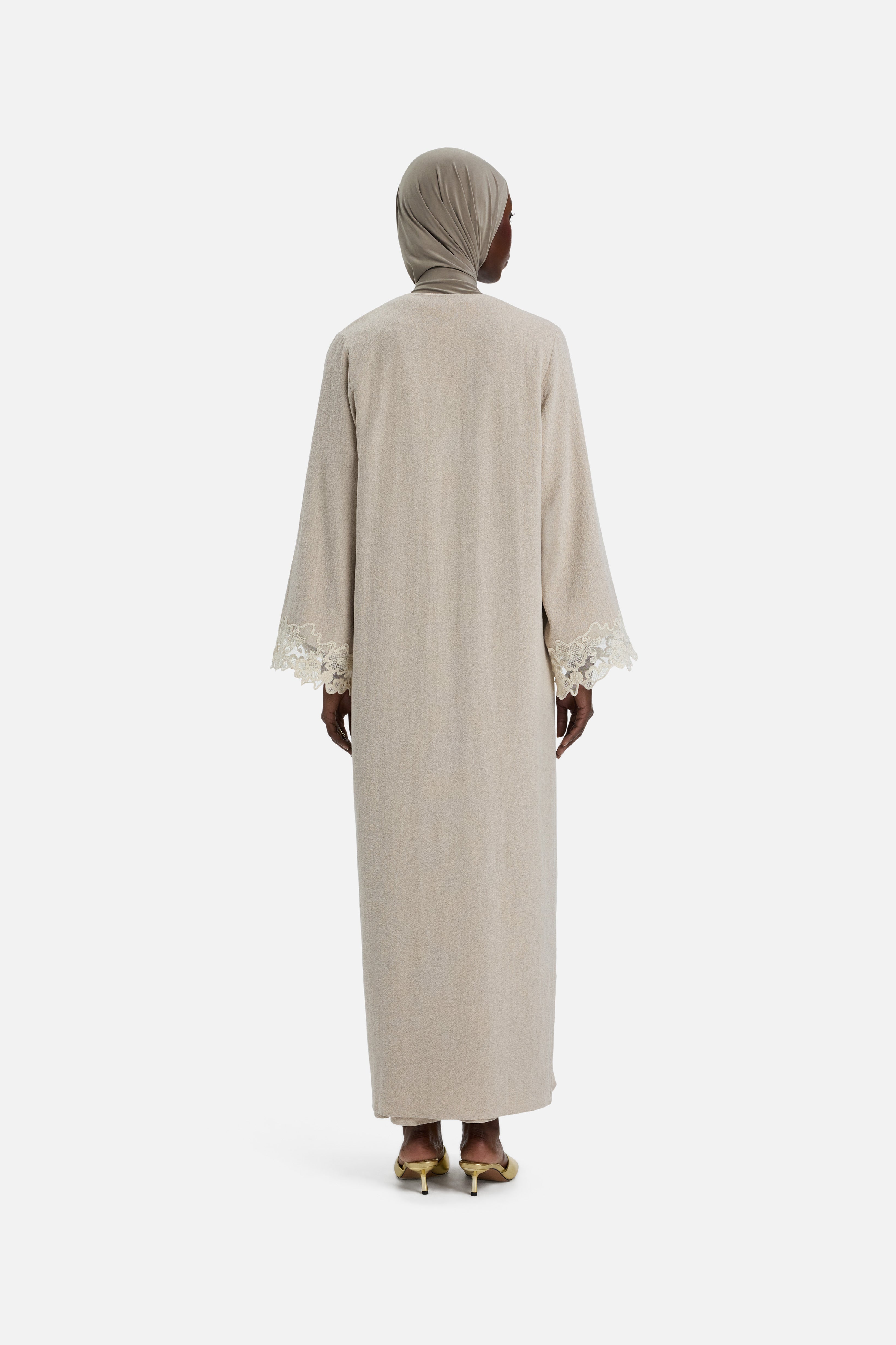 Lace Trim Abaya | Grey Sand 