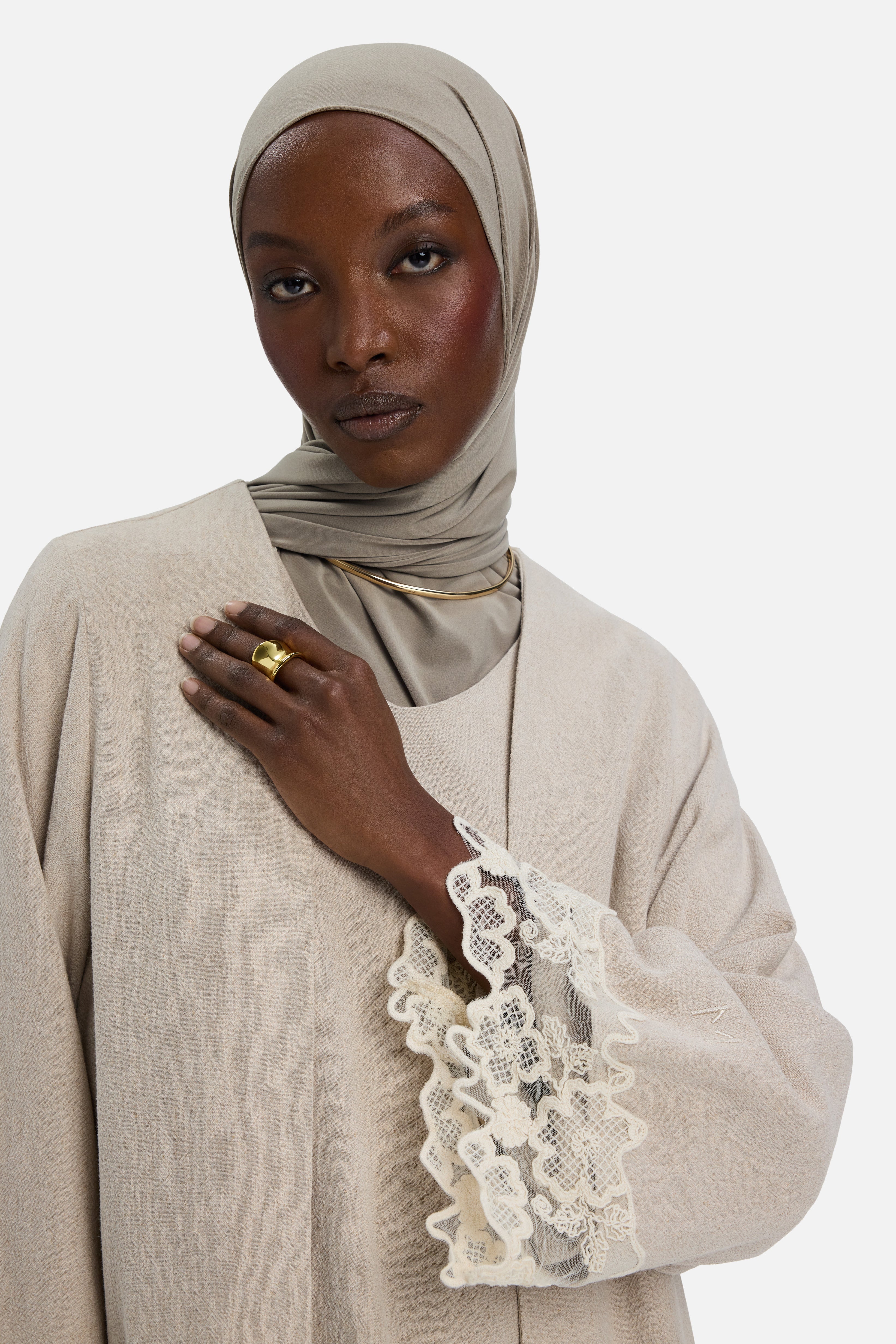 Lace Trim Abaya | Grey Sand 