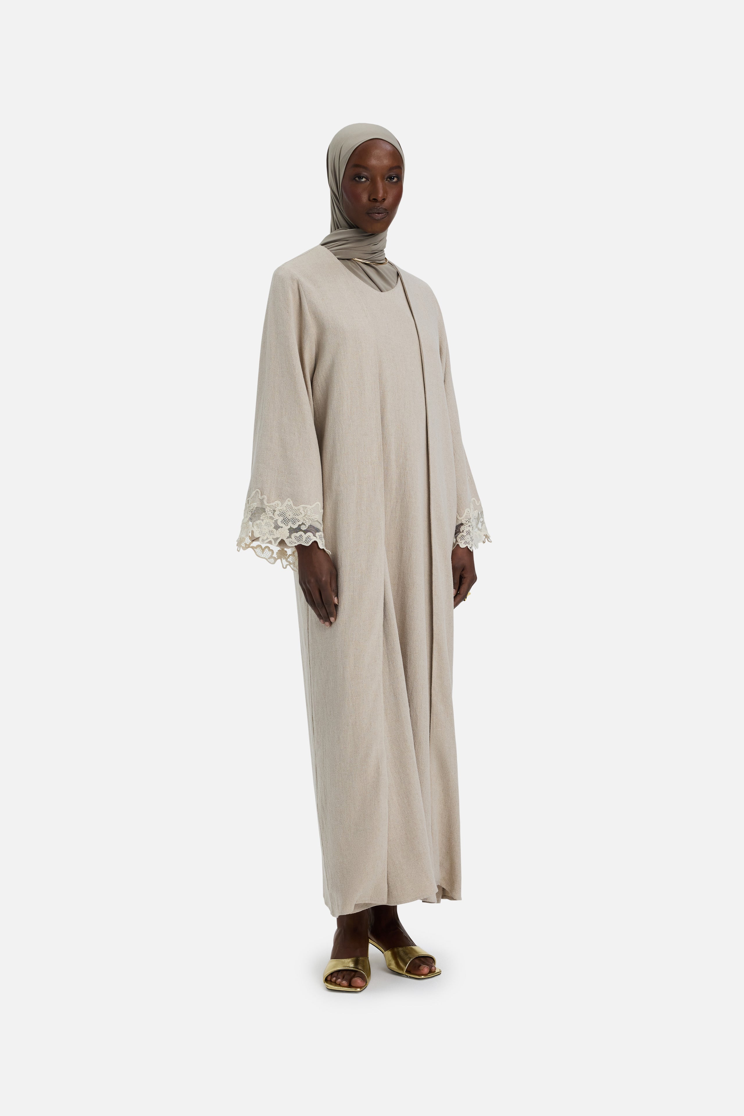 Lace Trim Abaya | Grey Sand 