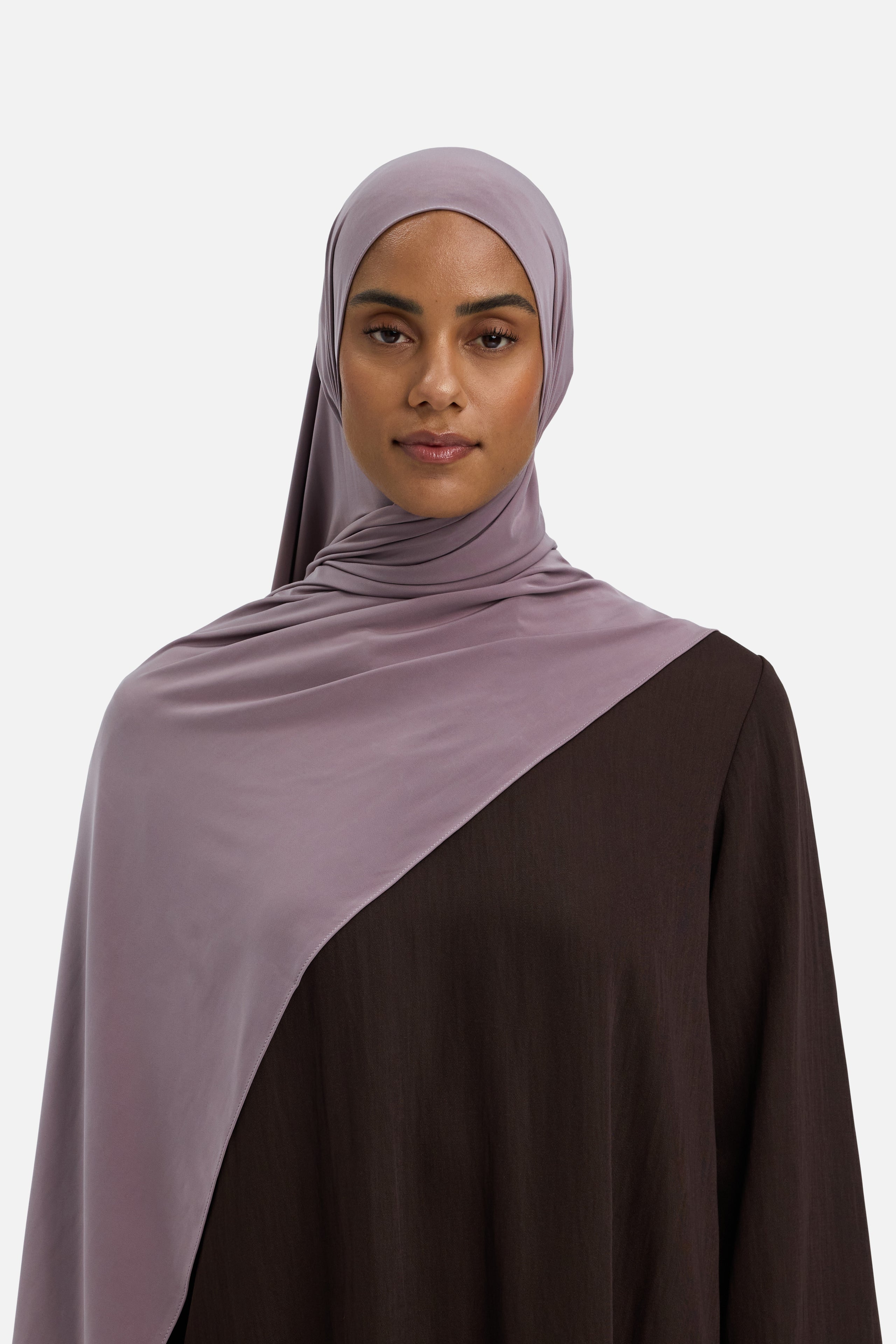 Model wearing purple MERRACHI headscarf, front view
