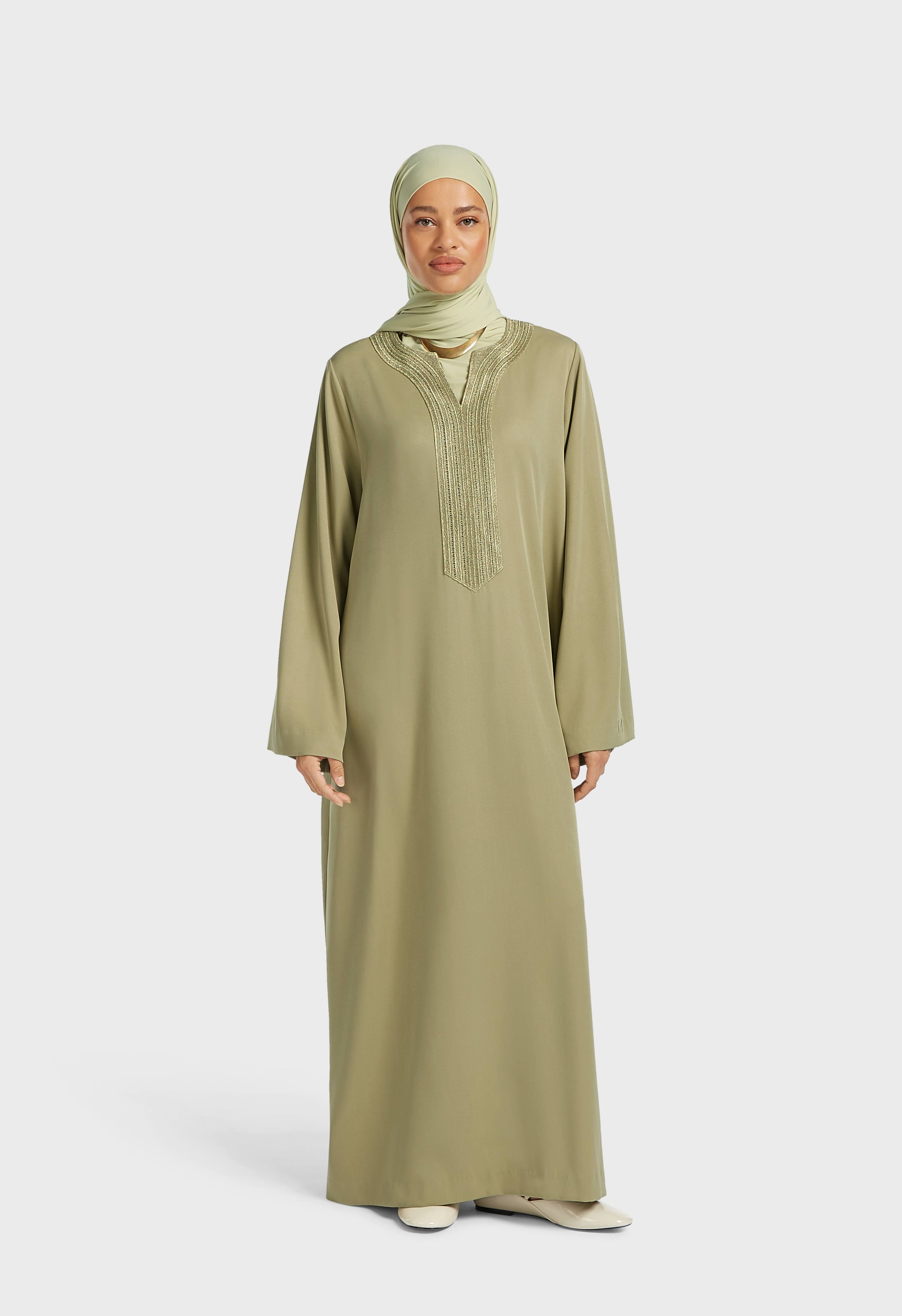 Lurex Embroidered Kaftan Dress | Grey Green