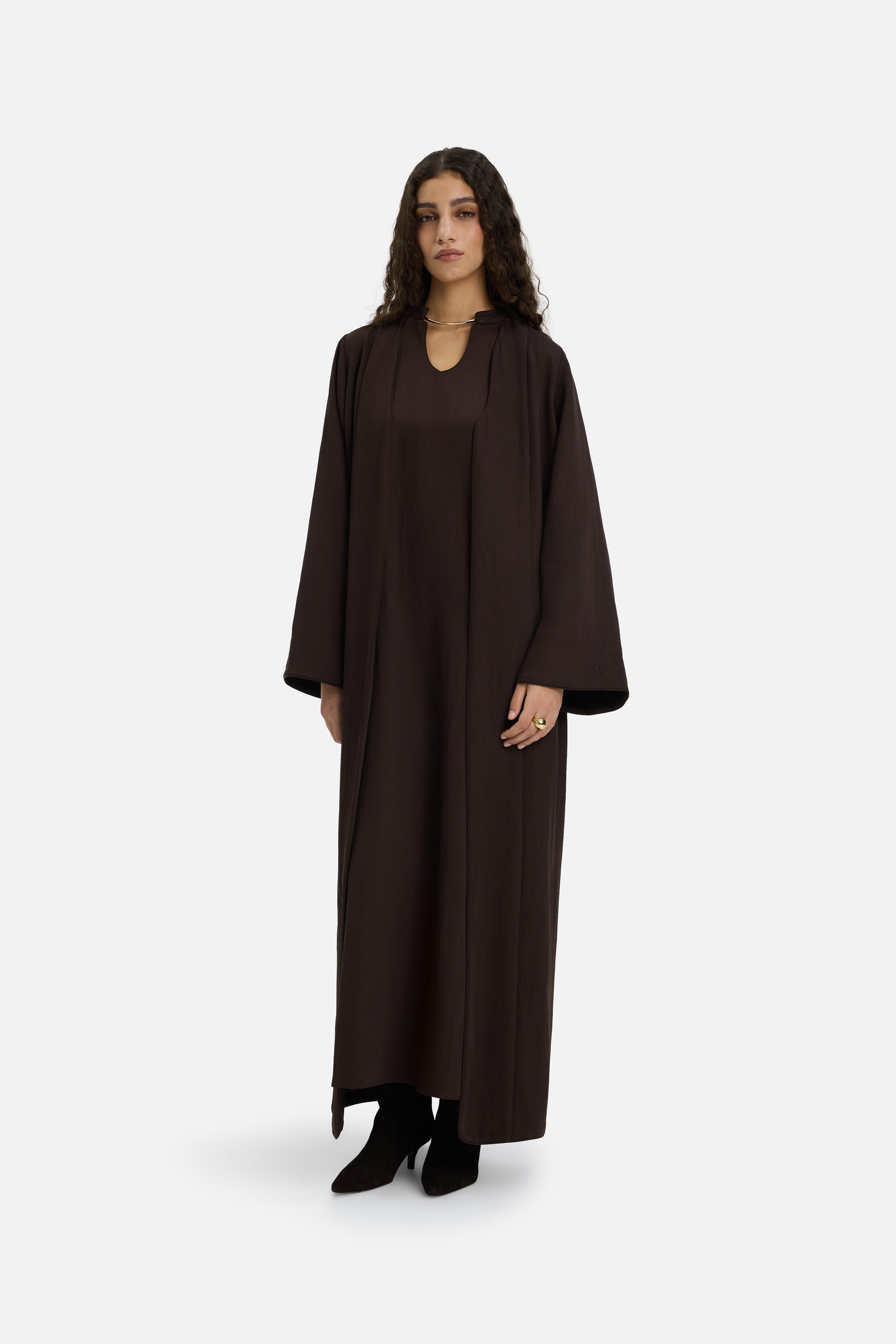 Front view model wearing dark brown abaya