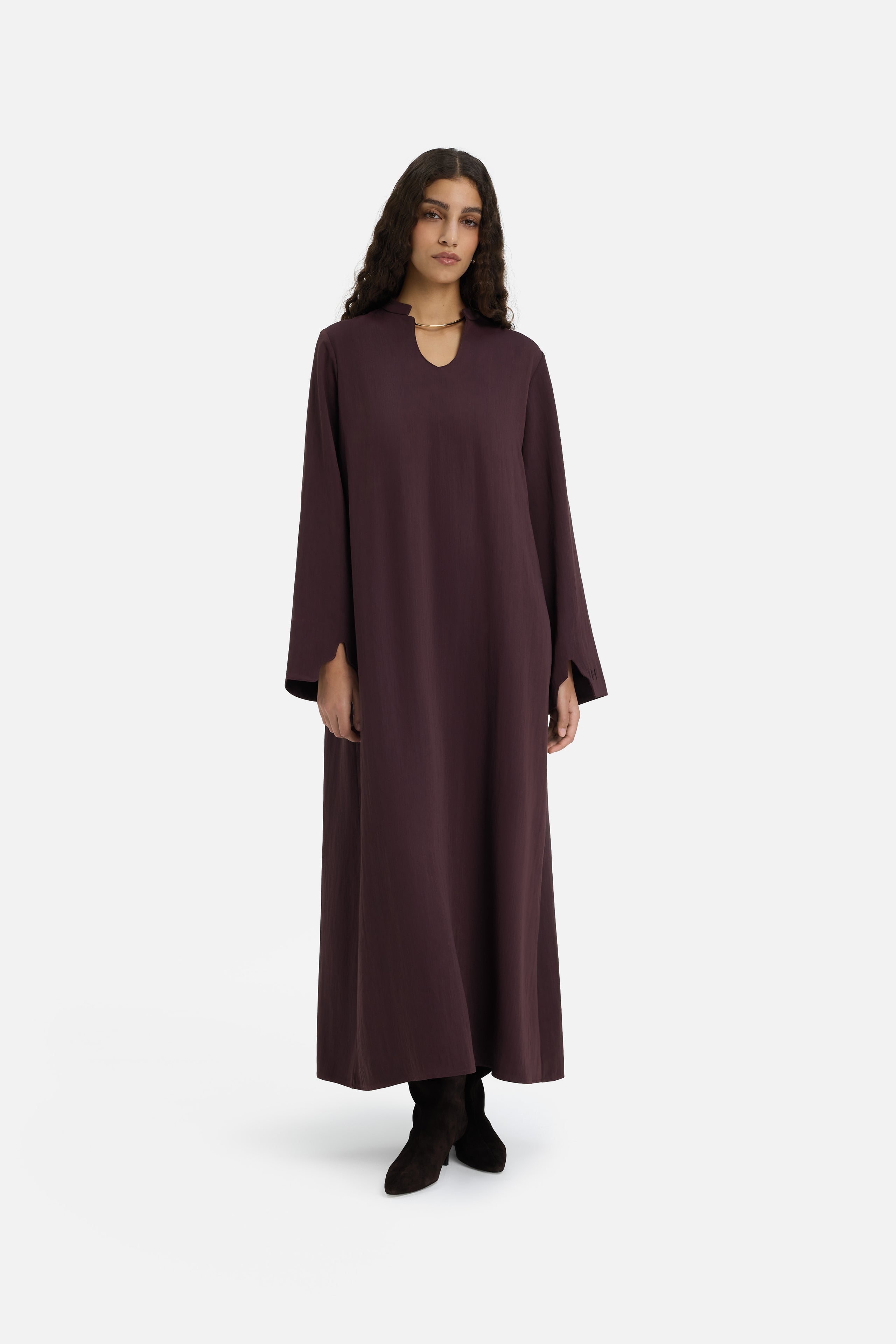 Front view model wearing purple dress