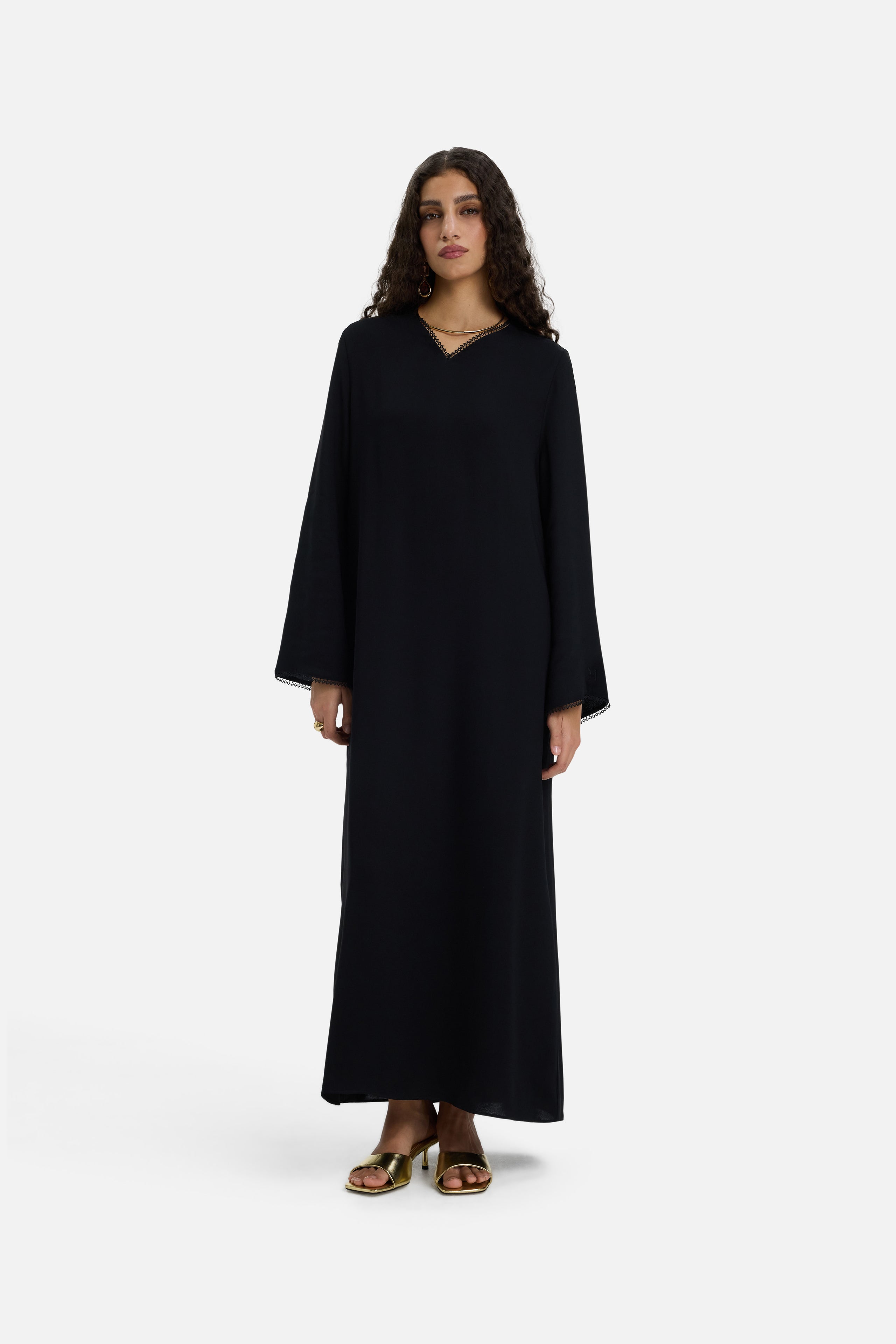 Picot Neck Dress | Black