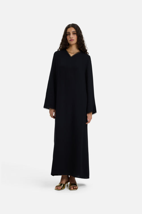 Picot Neck Dress | Black