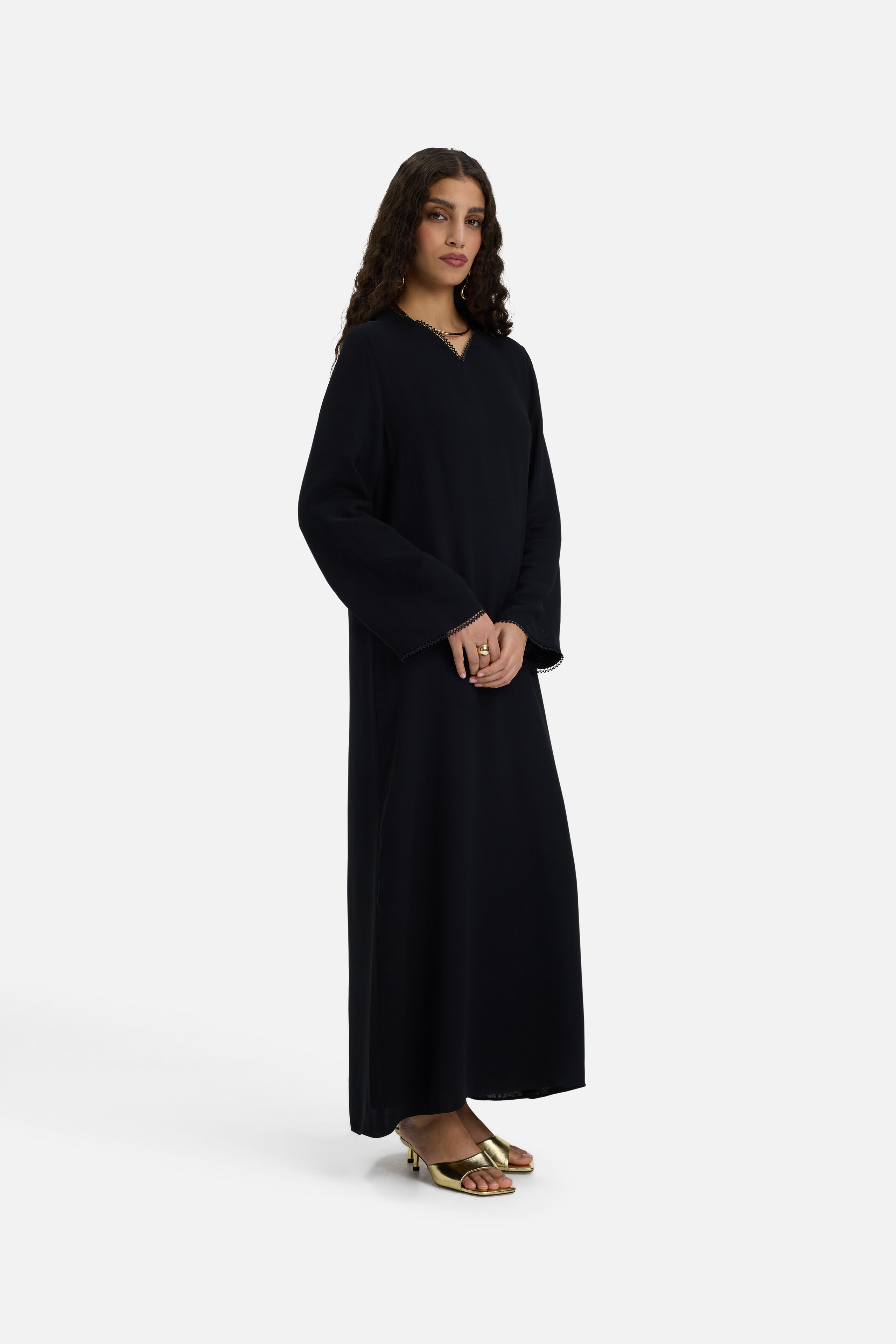 Picot Neck Dress | Black