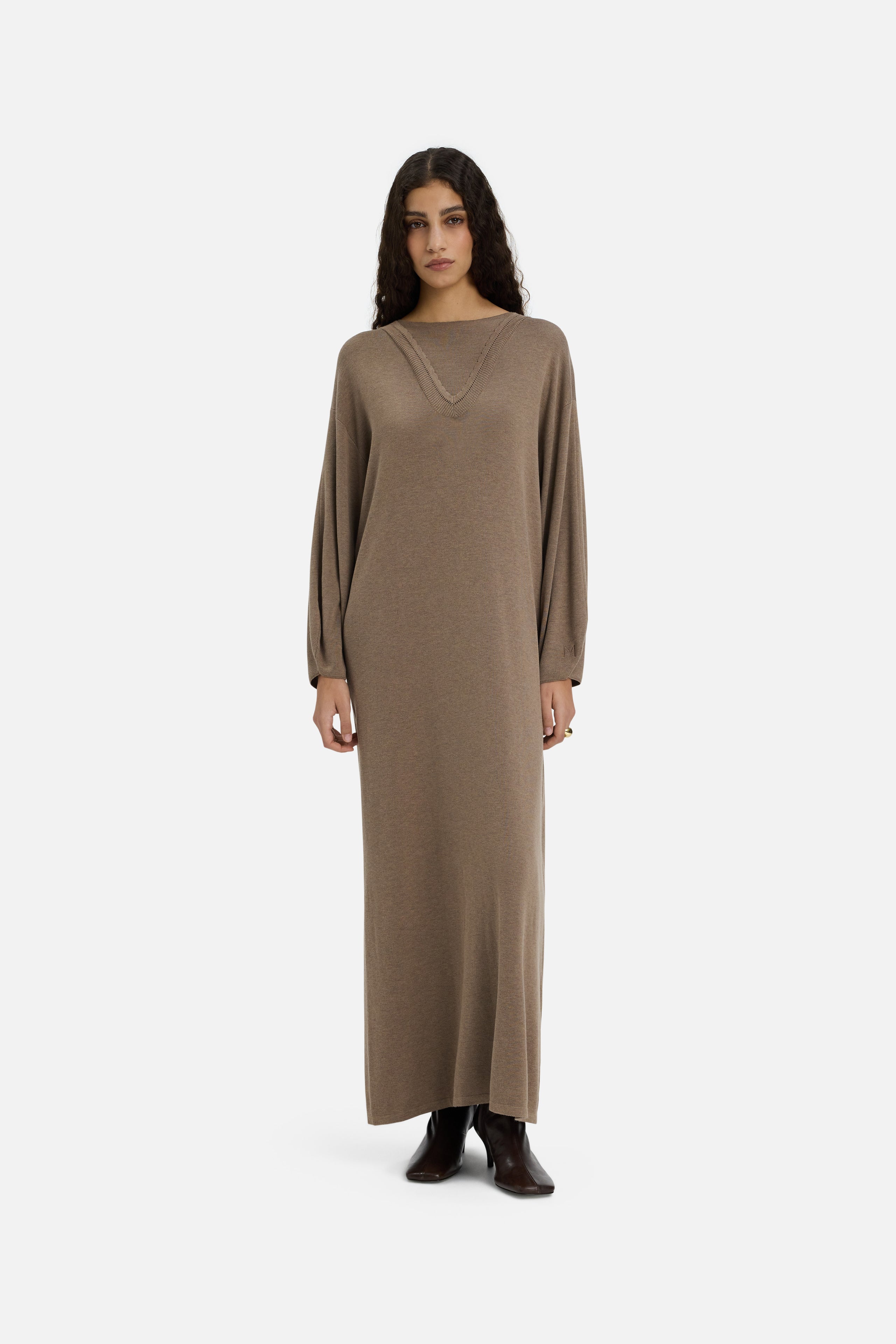 Front view model wearing long brown dress